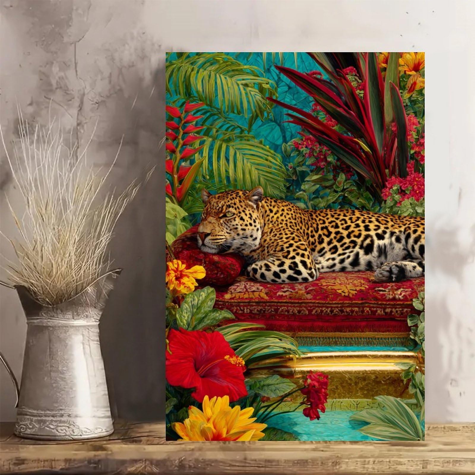 Leopard Resting Tropical Flowers Vintage Rustic Canvas Wall Art - 12x18in Unframed Poster- Home & Office Decor for Living Room, Bedroom, Kitchen & Cafe