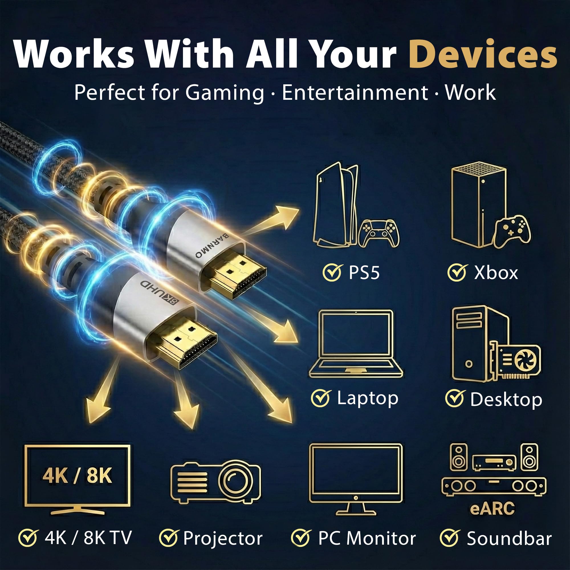 HDMI 8K 2.1 zertifiziertes Ultra-High-Speed-Kabel, 48 Gbit/s, 3 m, 8K@60Hz/4K@120Hz von BARNMO