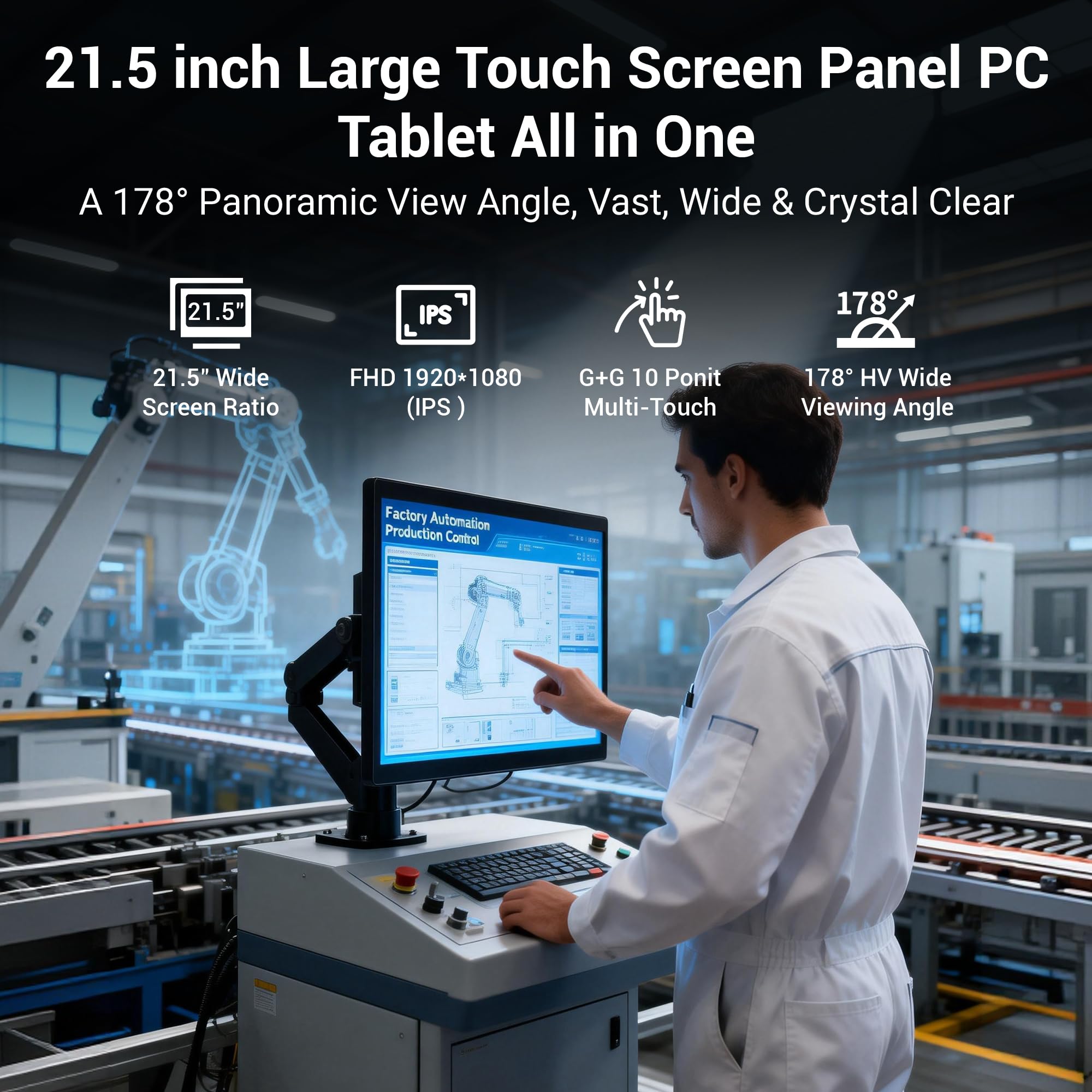 Industrie Panel PC Industriale Pannello PC 21,5 Pollici, Fanless Touchscreen Computer All in One Win11 Pro N100 8GB RAM 128GB ROM, 1920 * 1080 IPS, 2xUSB3,0, 2xUSB2,0, 2xLAN, Type-C, HDMI