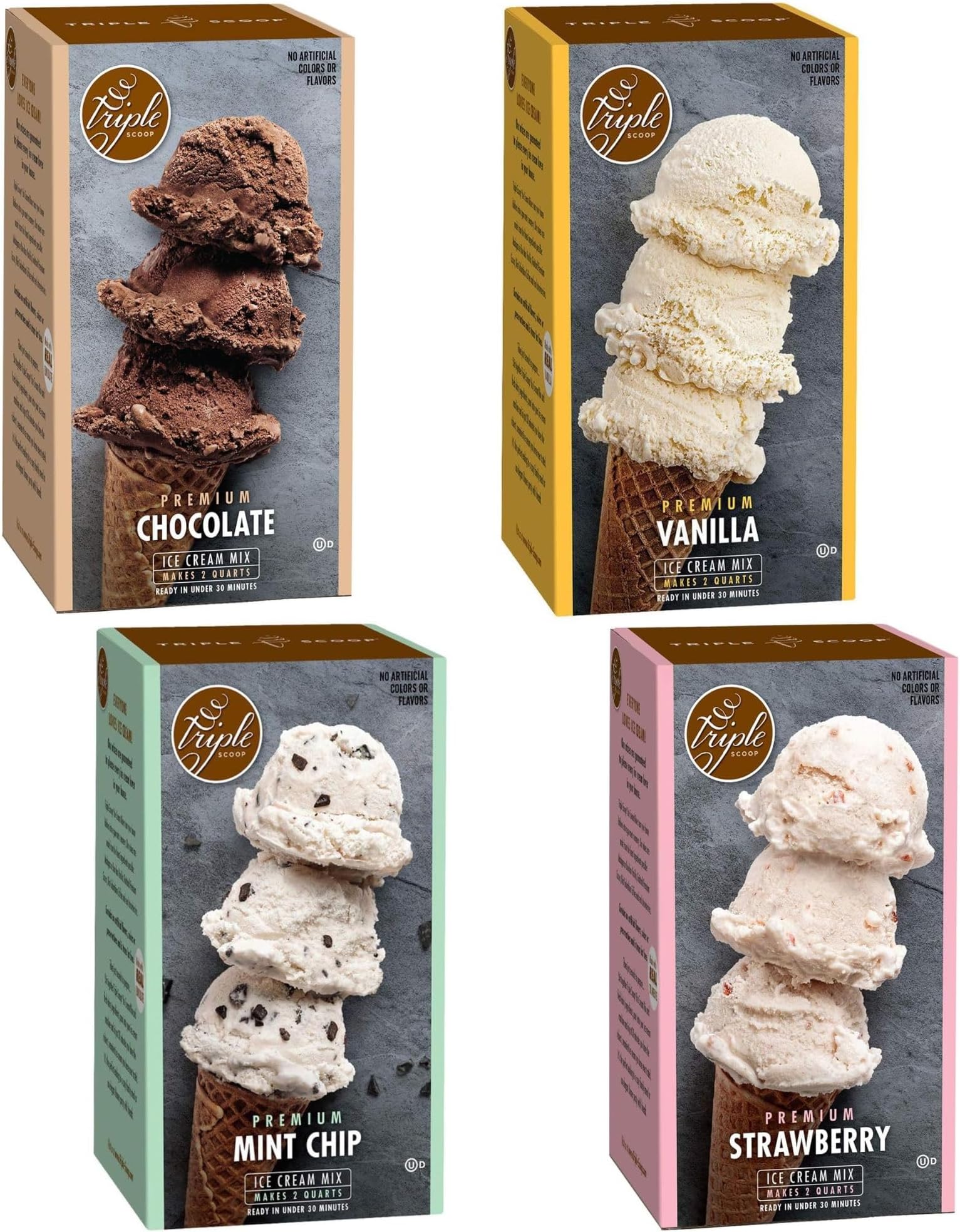 Triple Scoop Variety Pack Ice Cream Mix, Gourmet, 4 Flavors, Pack Of 4 | Includes Vanilla, Chocolate, Strawberry & Mint Choc Chip Makes 2 Qts Each Use W/ Ice Cream Maker