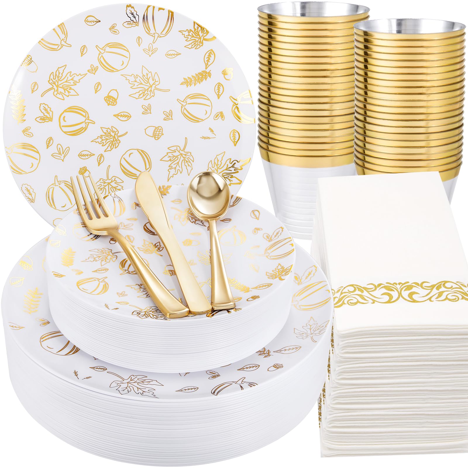 LIYH 175 pcs Thanksgiving Plastic Plates, Disposable Thanksgiving Dinnerware, Gold Fall Plastic Plates, Thanksgiving Plates Disposable Friendsgiving Party Plates