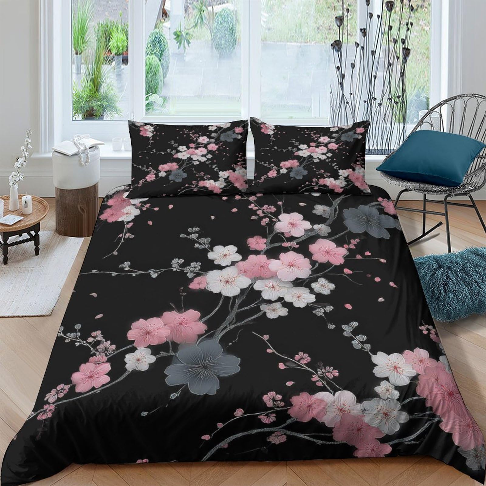 Ctjqhvkz Style-7 3D Printed Sakura Blossom Fitted Sheet Microfiber Pink Floral Japanese Style Bed Cover Bedroom Decor Single（135X200cm）