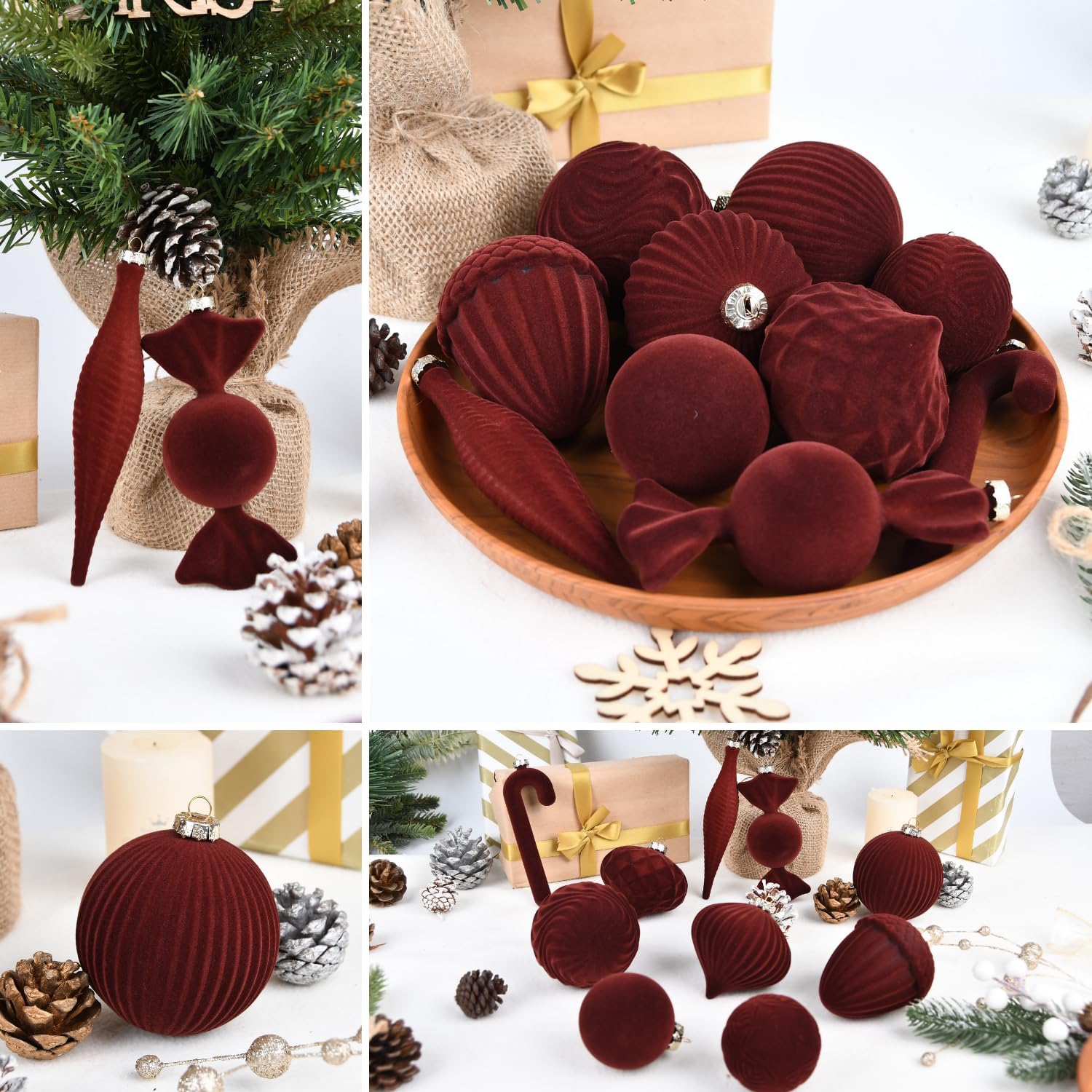 Velvet Ornaments for Christmas Tree Decorations - Brown Flocked Christmas Ornament Set for Winter Holiday Decor - Shatterproof Xmas Balls Ornaments Bulk - Pack of 24