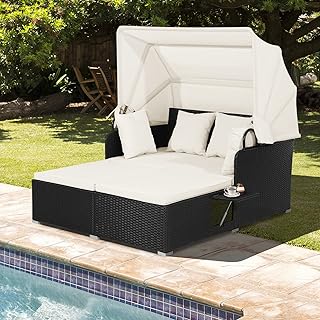 COSTWAY Outdoor Daybed with Retractable Canopy, Wicker Patio Furniture S...