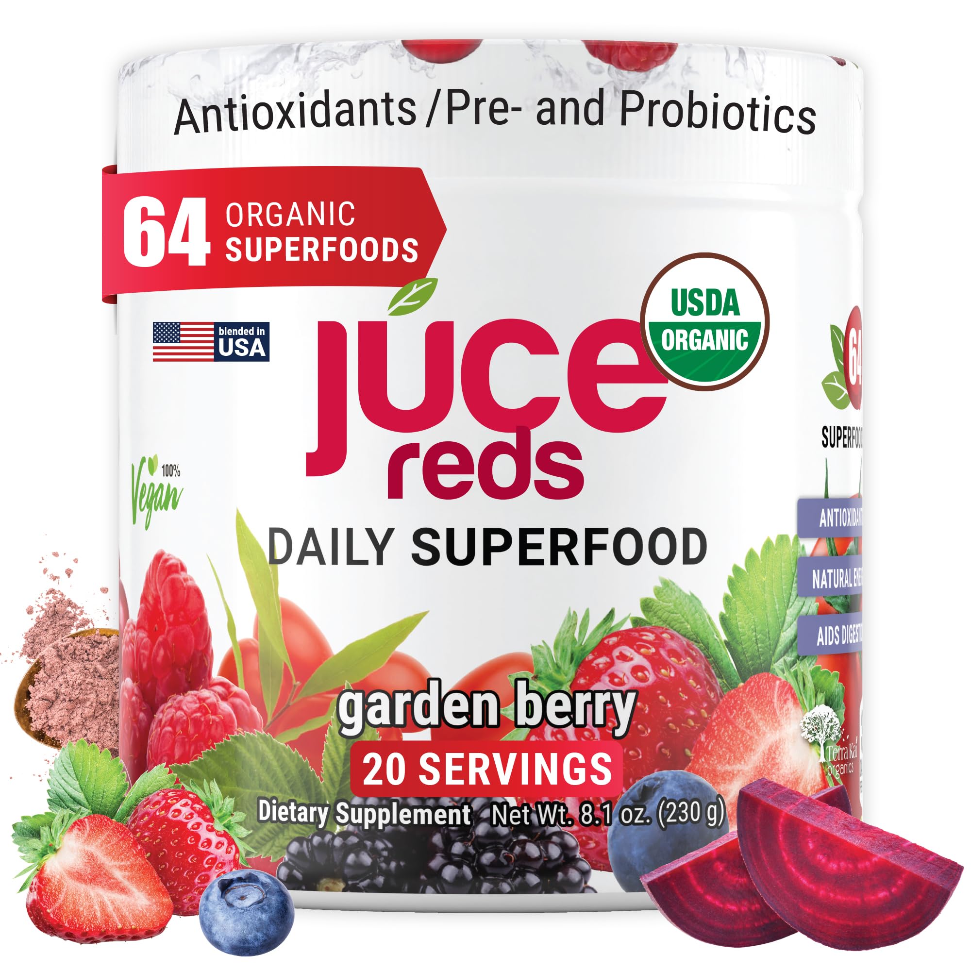 Terra Kai Organics Juce Reds Powder with 64 Superfoods and Beet Root, Berry
