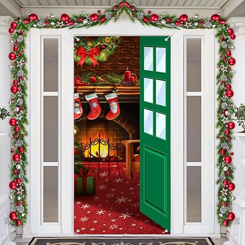 Decoración de cubierta de puerta de Navidad, divertida cubierta de puerta de dibujos animados de Navidad con telón de fondo de tela verde de perro,