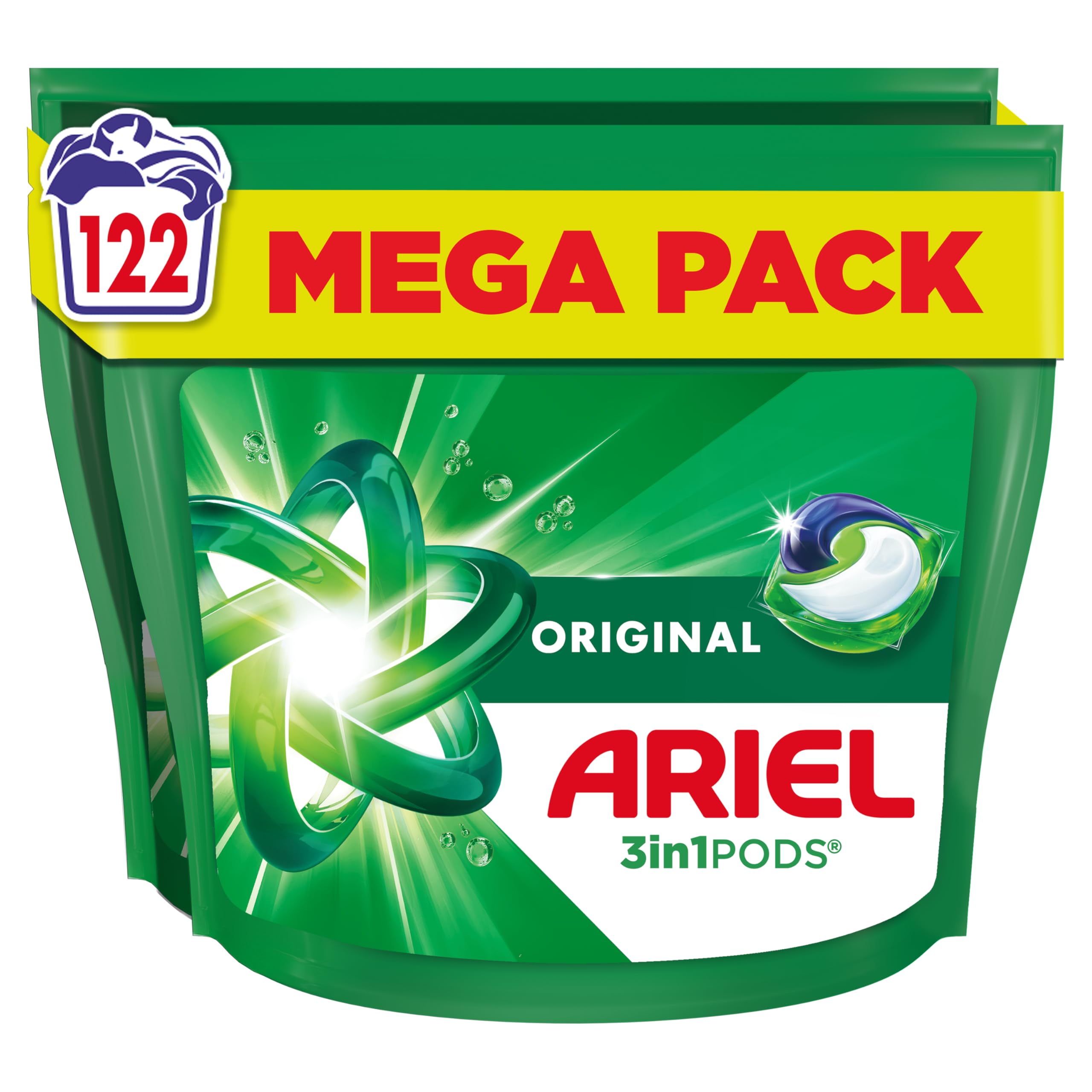 Ariel Cápsulas de detergente para ropa PODS® All-in-1, 122 lavados (61 x 2), original, excelente eliminación de manchas en 1 lavado