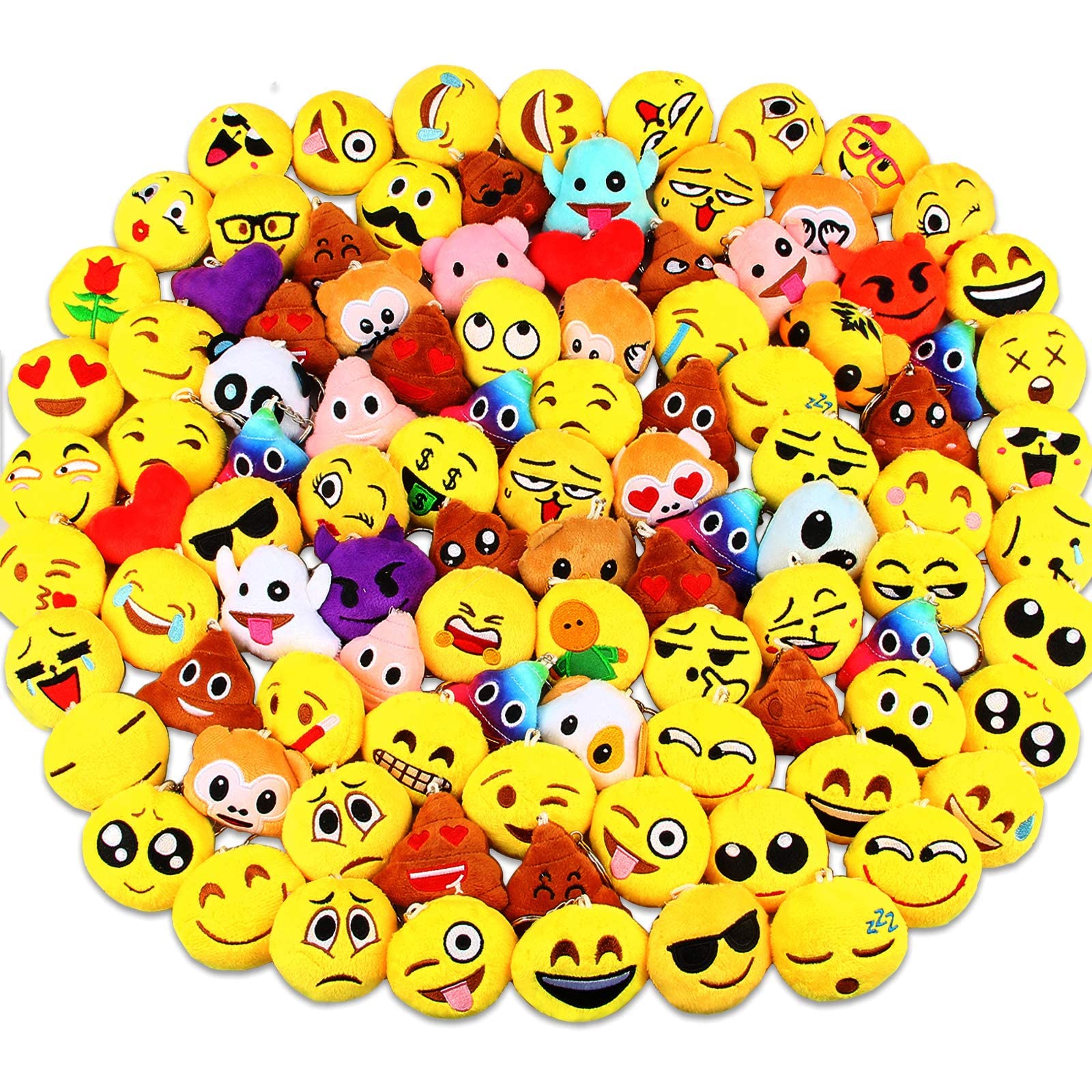 LQB Emoticon Party Favors, Emoticon Keychain 100 Pack Mini Plush Carnival Prizes for Kids Birthday Party Supplies Treasure Box Shool Prize Chest Treat for Classroom Bulk Toy Assortment