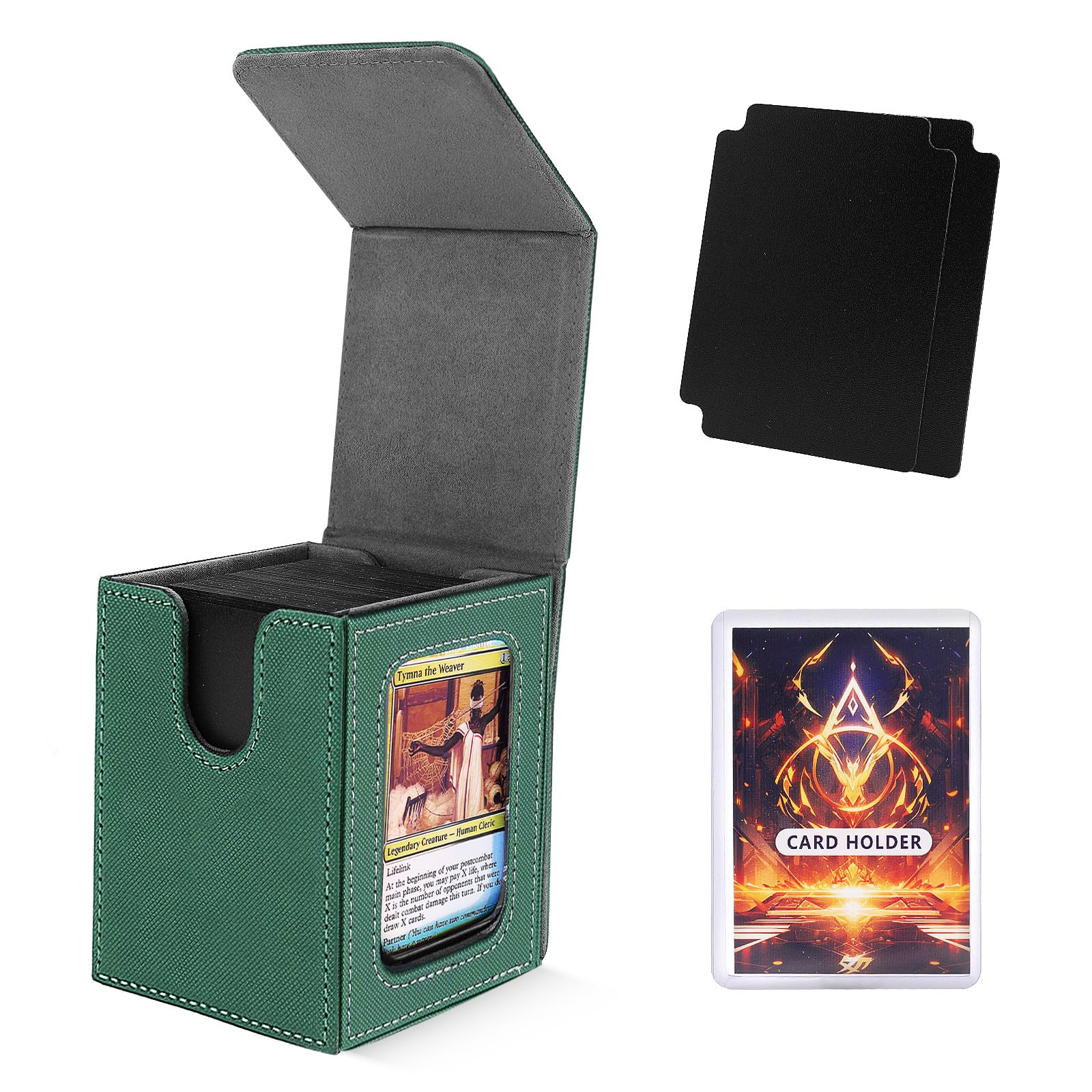 MTG Deck Box for Commander Display,Card Deck Box Fits 100 Double Sleeved Cards, Magic Commander TCG Card Leather Storage Box with 2 Dividers and 1 Toploader (Green)