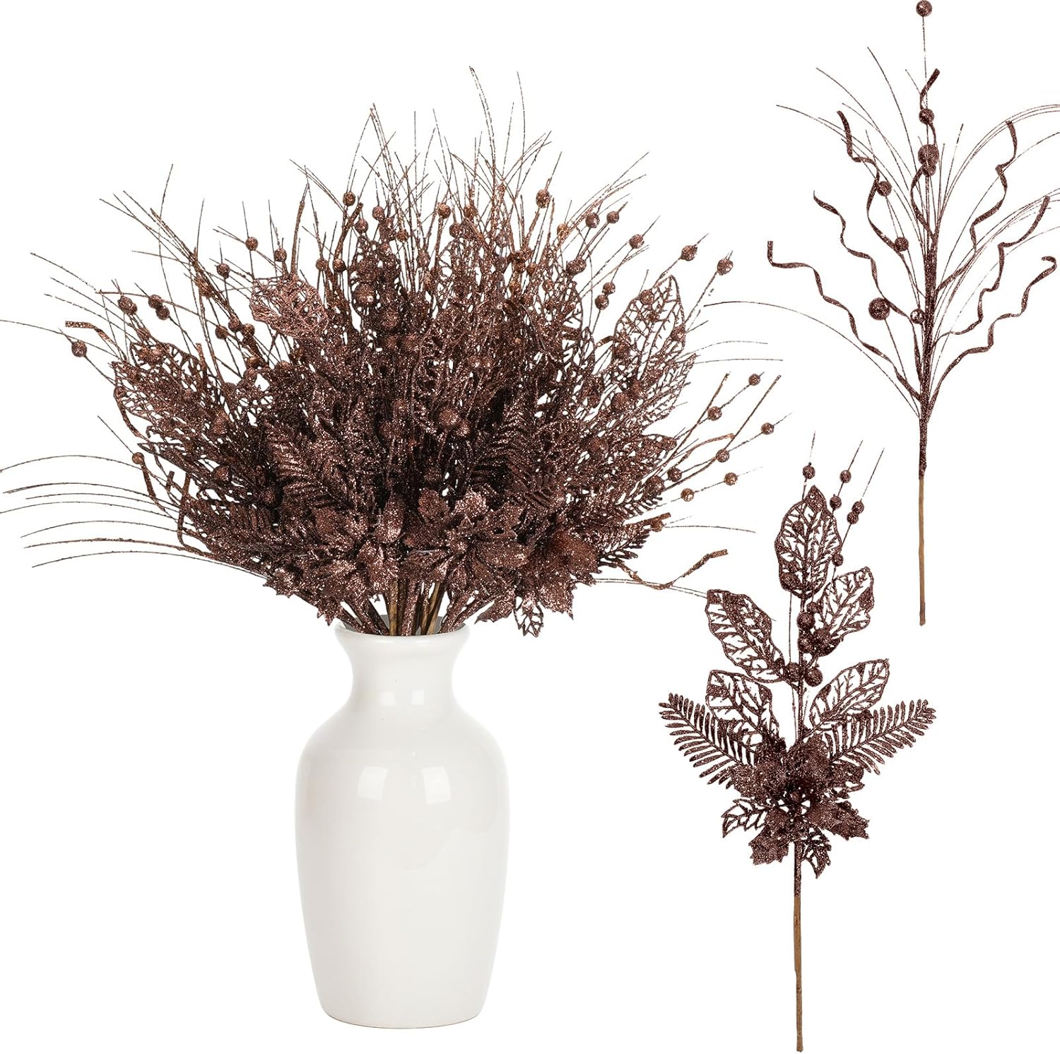 Yunlly 24 Pcsbrown Christmas Tree Picks and Sprays Glitter Berry Stem Branches Artificial Christmas Picks Twigs Xmas Tree Ornaments for DIY Xmas Wreath Vase Filler Decorations