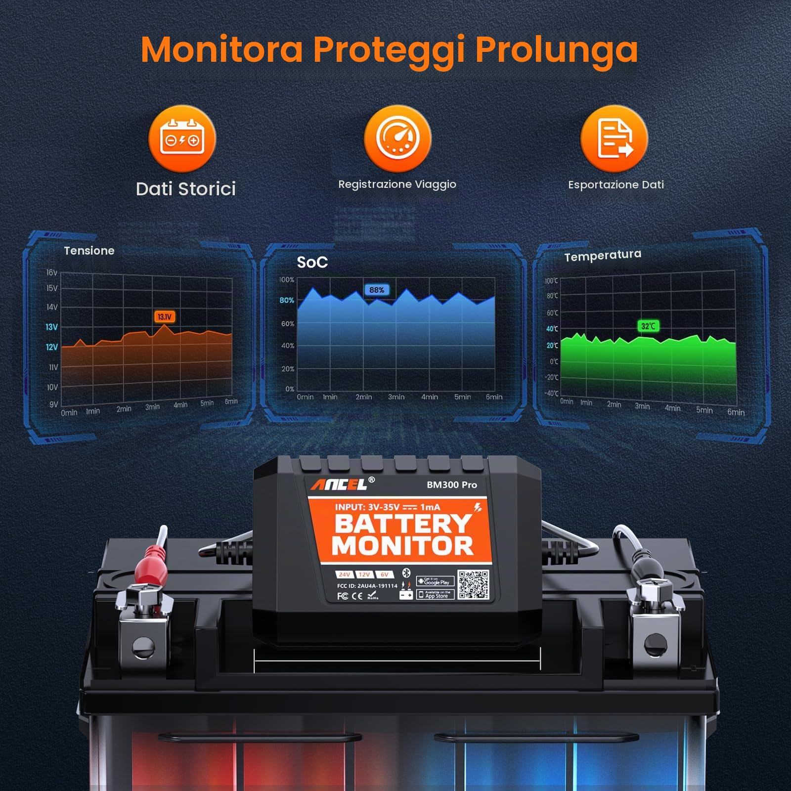 ANCEL Monitor batteria Bluetooth da 6 V, 12 V, 24 V