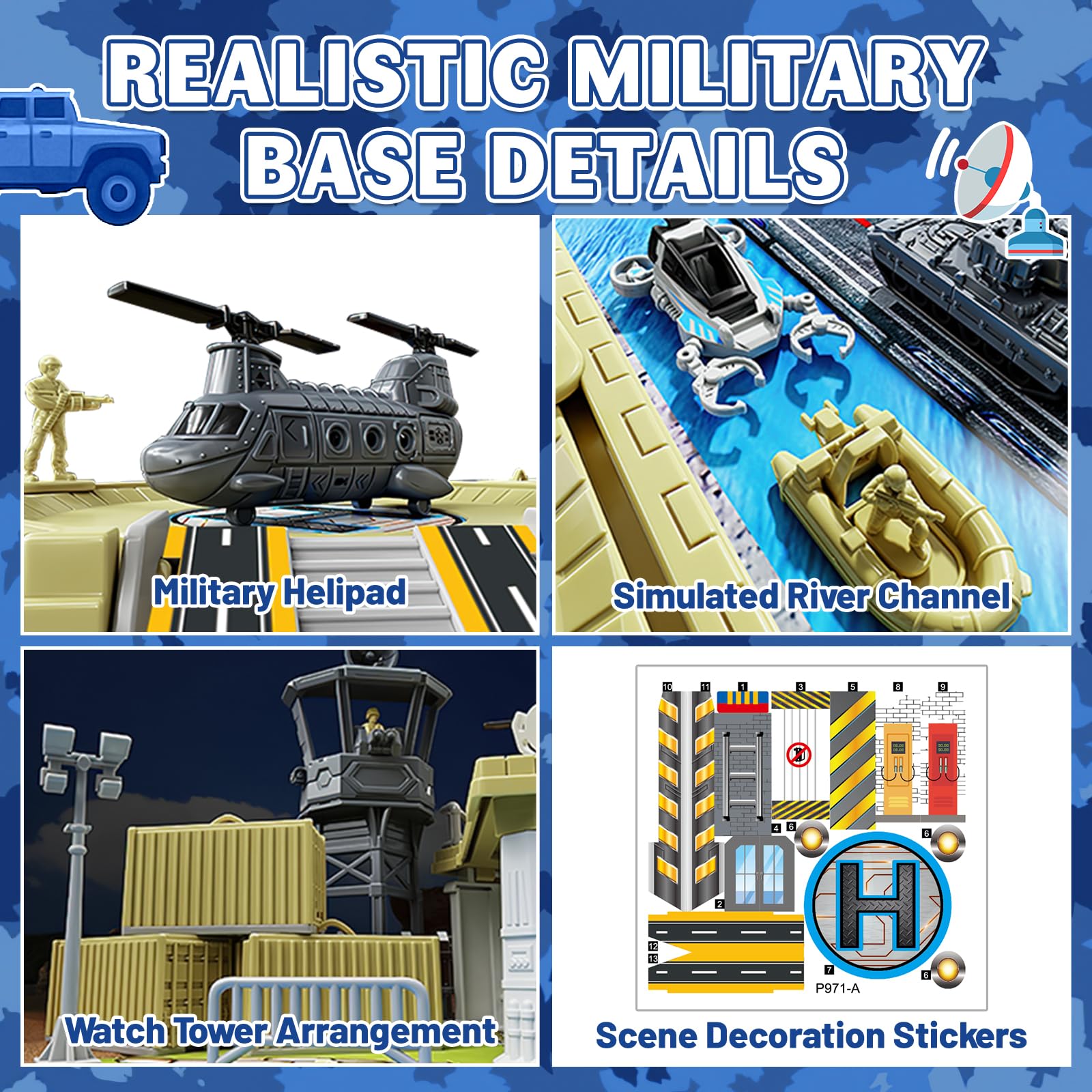 deAO Set di Giocattoli Militari, con Veicolo Militare, Accessori per Armi, Parcheggio, Aereo, Accessori per Veicoli e Mappa di Gioco, Fantastico Giocattolo Militare per Bambini di 3, 4 e 5 Anni
