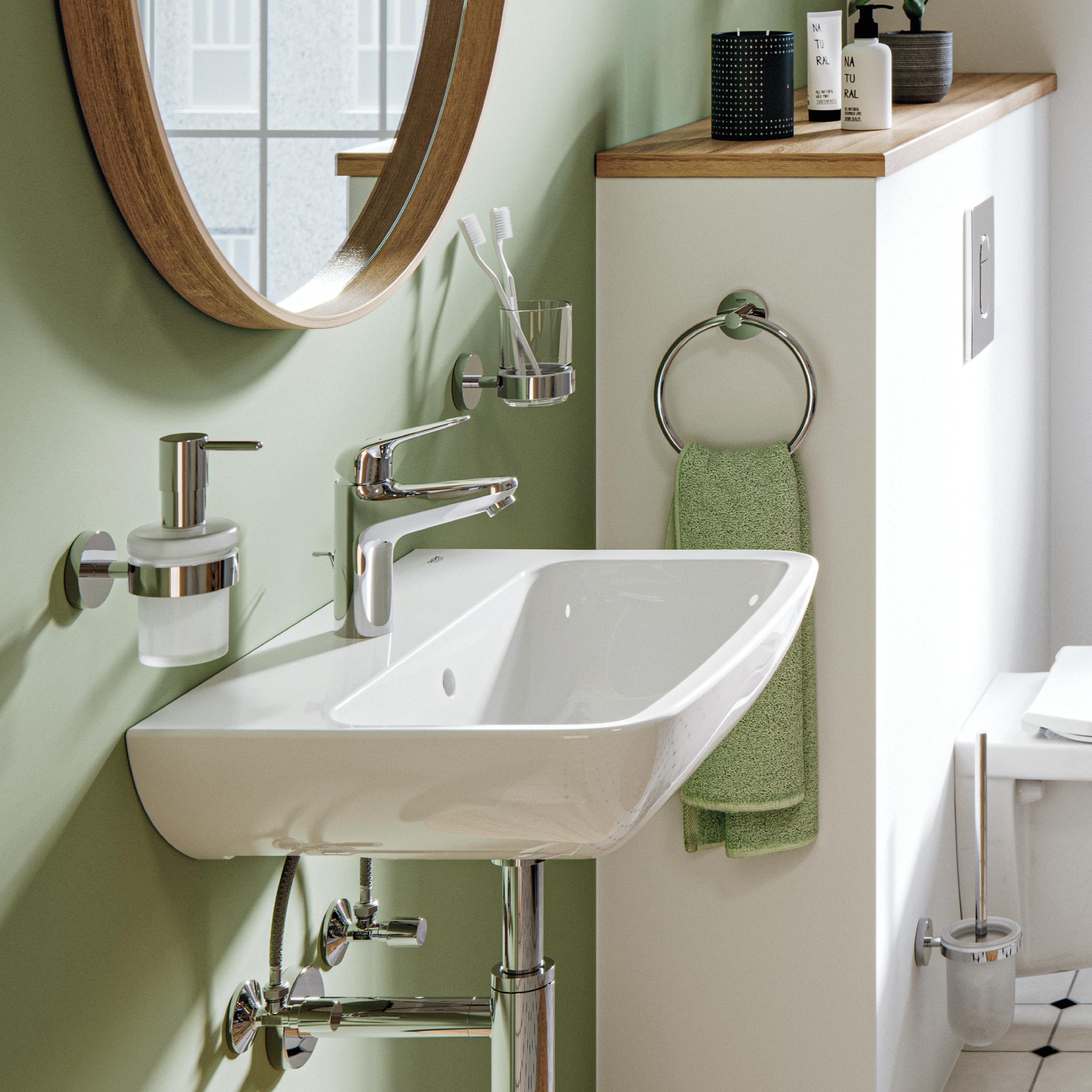 GROHE Swift, Waschtischarmatur, wassersparend (Wasserhahn für das Bad, Badarmatur mit Zugstangen-Ablauf, 16cm hoch, mit 3in1 Werkzeug, einfache Installation am Waschbecken), chrom, 24316001