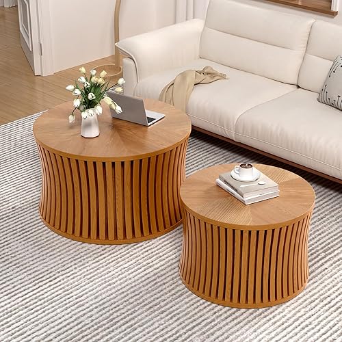 Miniatura 14 de Juego de 2 mesas de centro redondas anidables, de tambor redondo de travertino, para espacios pequeños, mesas apilables modernas, mesa central