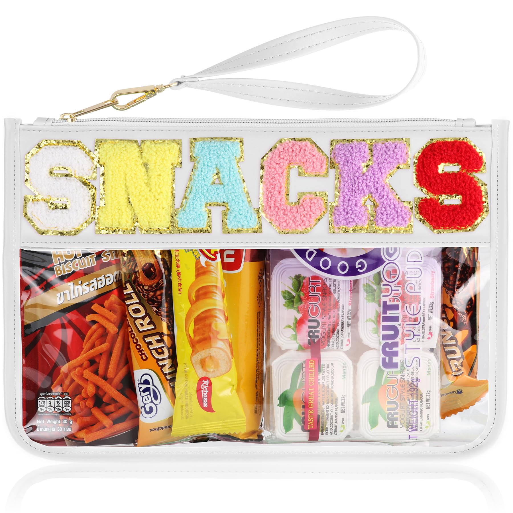 Snack Bag for Travel - Clear Chenille Varsity Letter Flat Pouch with Zipper, 12.2×8.46 inch Waterproof Clear Nylon Preppy Patch Makeup Cosmetic tote