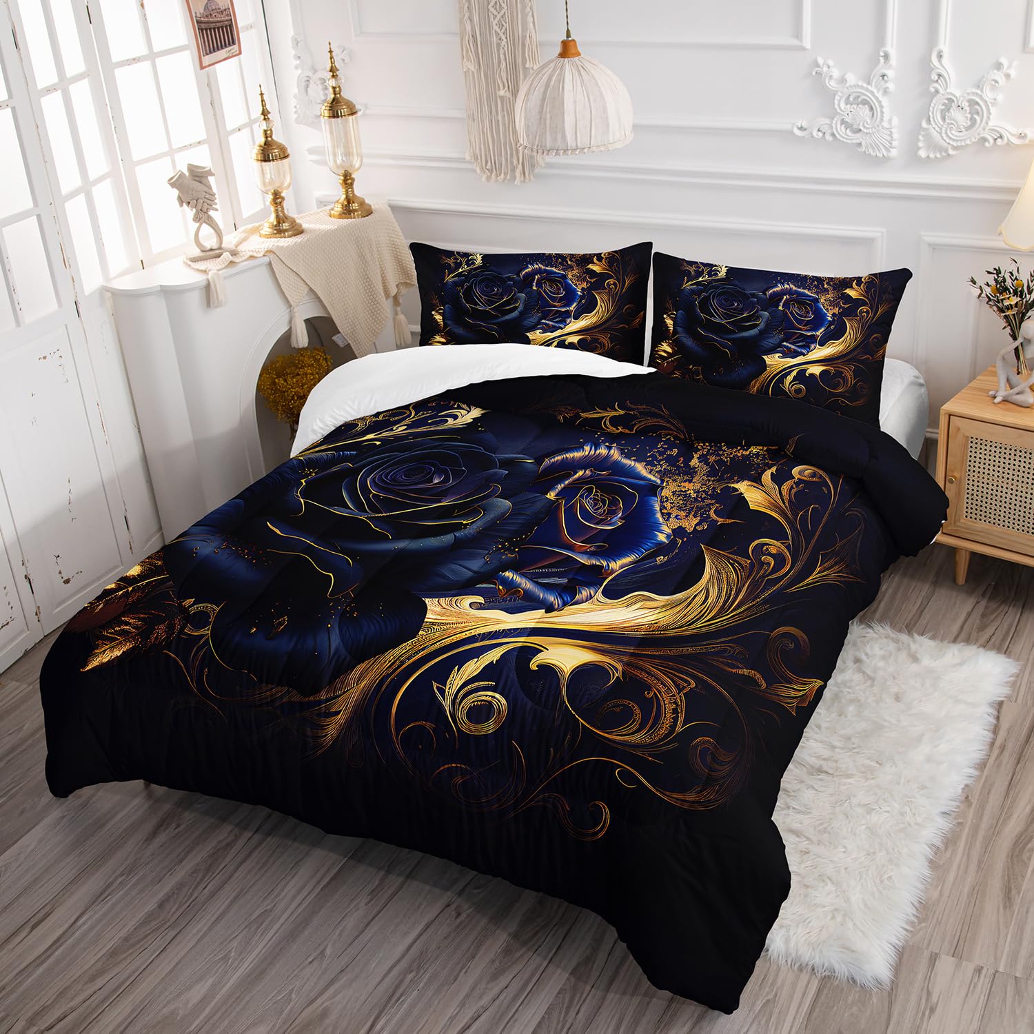 AILONEN Blue Rose Comforter Set - Full Size, Gold Rose Leaves Printed Bedding Set, 3 Pieces Bed in a Bag Flower Printed Comforter Set, 1 Quilt with 2 Pillowcases