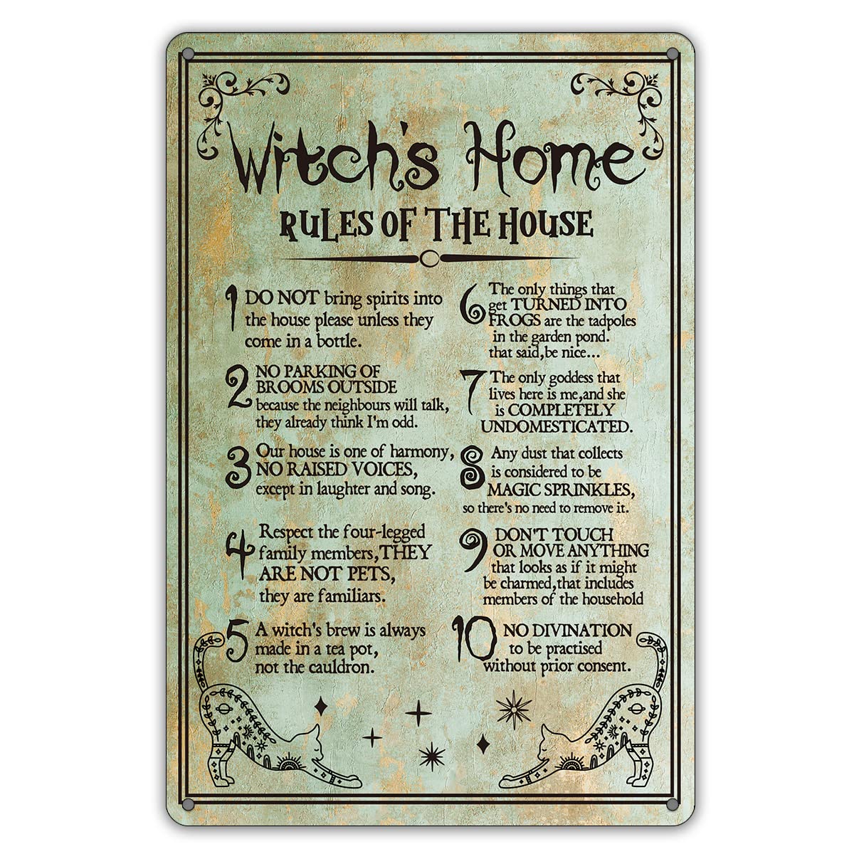 Funny Witch's Home Rules Quote Metal Tin Sign Wall Decor, Retro Do Not Bring Spirits into the House Sign for Home Decor Gifts