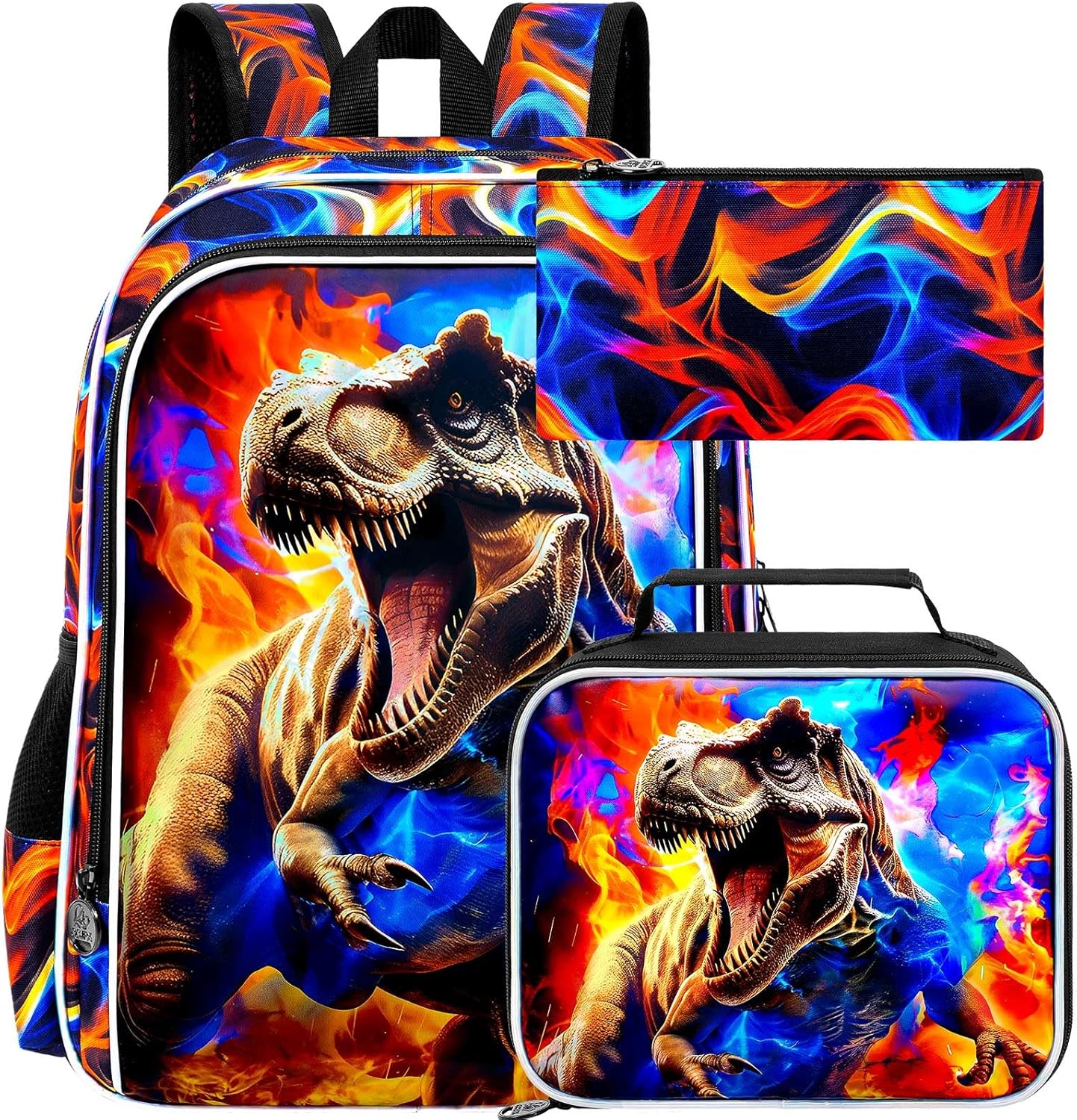 UFNDC 3PCS Boys School Backpack Set, Dinosaur Bag with Fire Bookbag and Lunch Box, 17 Inch Water Resistant for Teenagers Elementary Middle