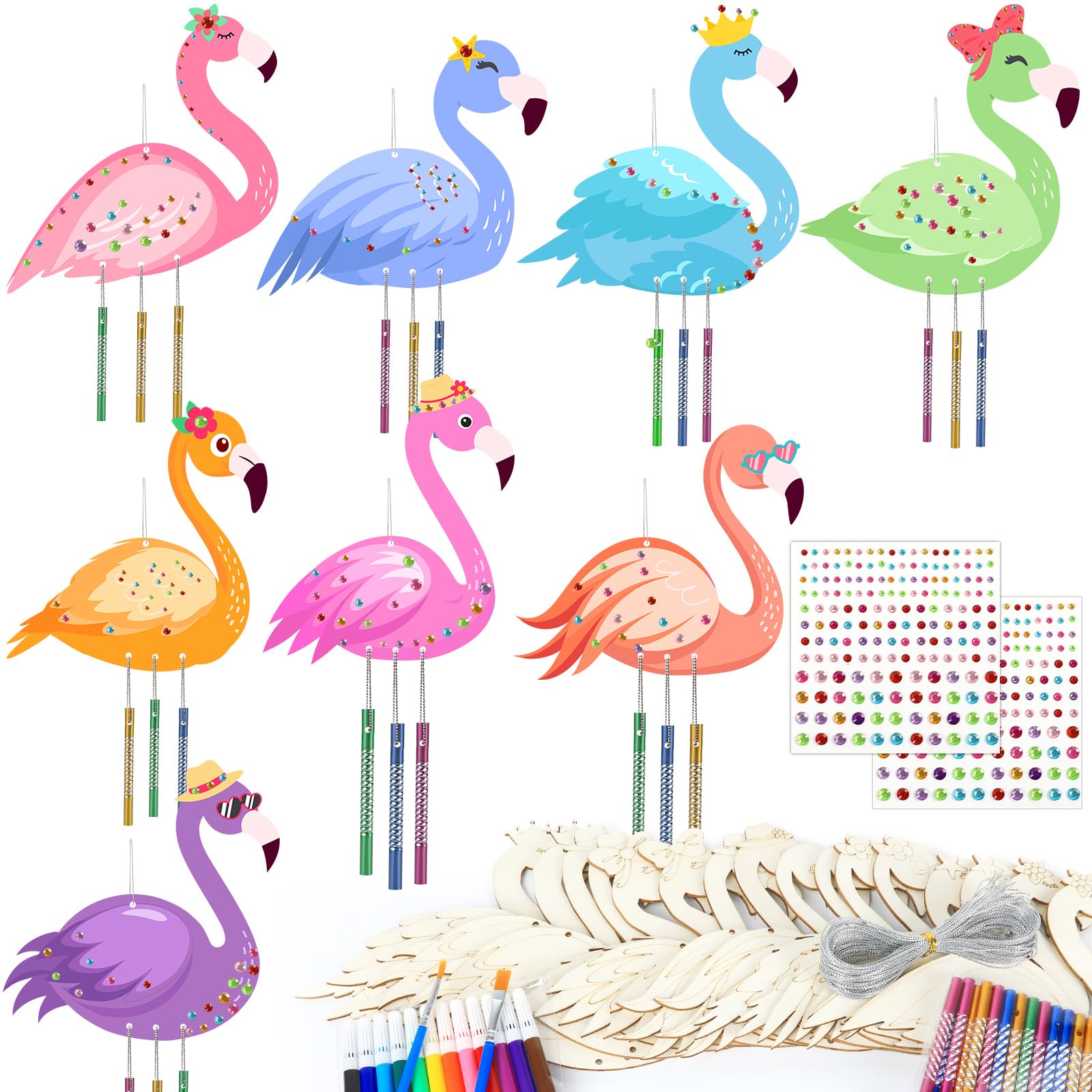gisgfim 16 Pack Flamingo Wind Chime Kits Flamingo Crafts for Kids Make Your Own Summer Wind Chime Wooden DIY Arts and Crafts for Hawaii Summer Party
