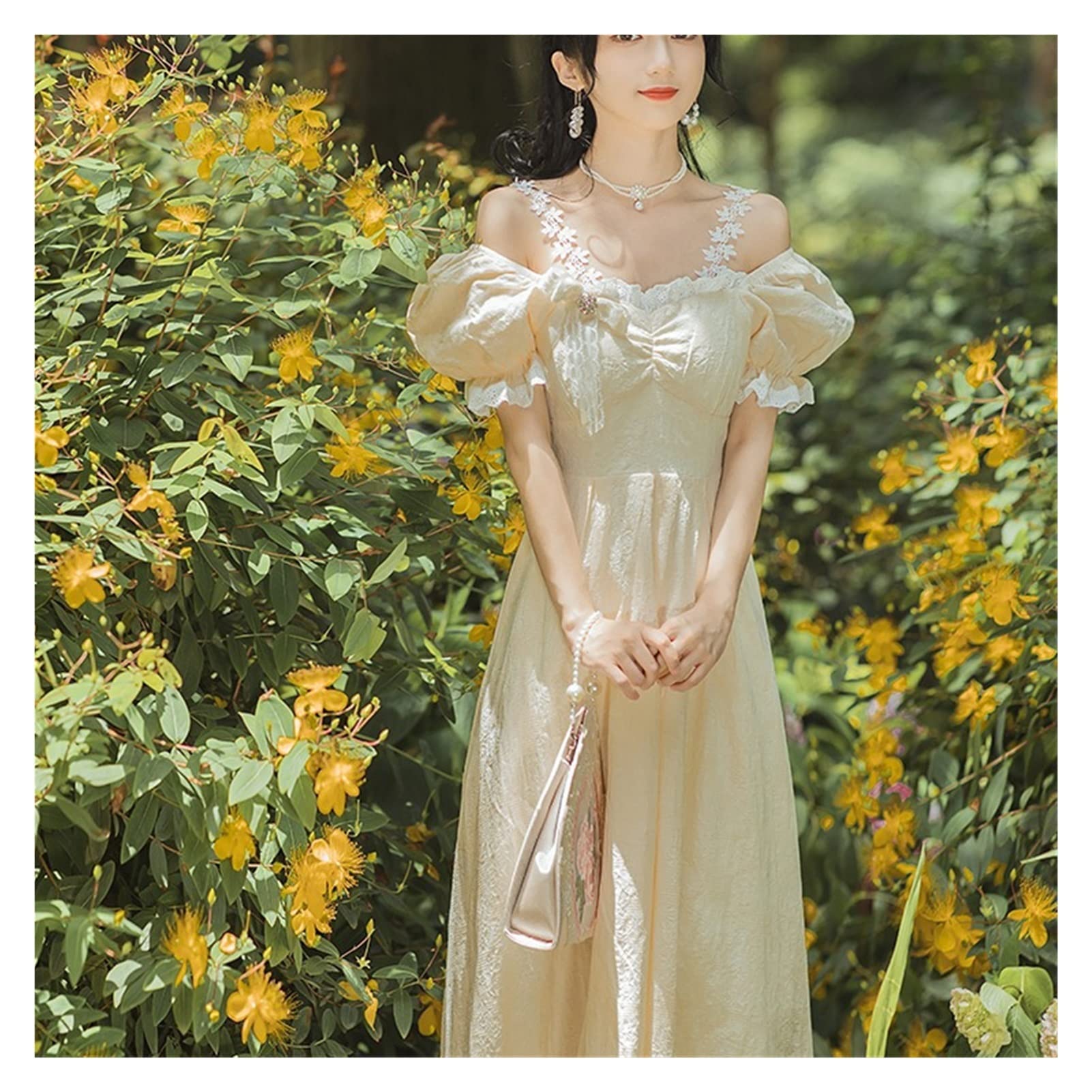 オフショルダー フリル パーティードレス ベージュ