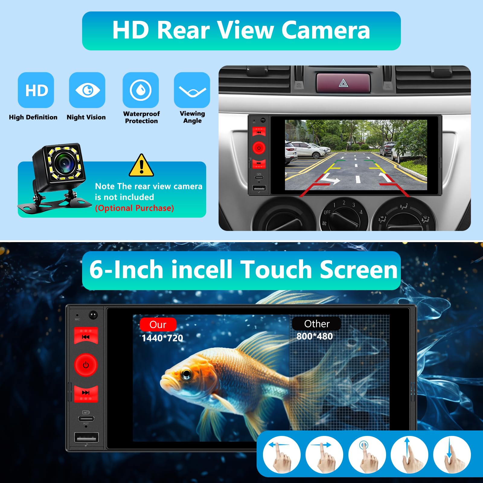 Stereo Auto Bluetooth con Schermo, Wireless Android Auto CarPlay Autoradio 1 Din con HD Touchscreen, Mirror Link, FM, USB/TF/AUX, SWC, Single Din Car Radio & Type-C