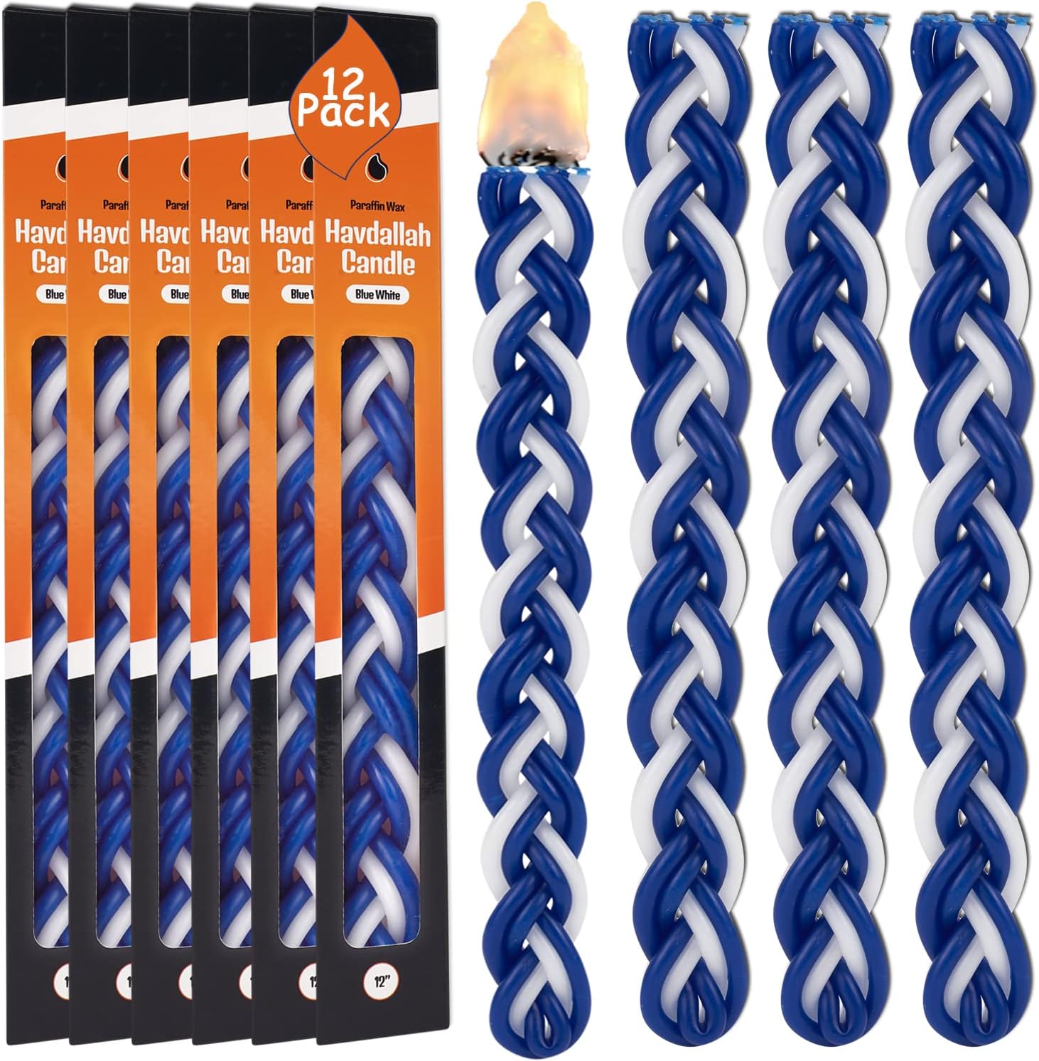 Zion Judaica Havdalah Candle Braided Blue and White Flat 12" Long (12 Pack)