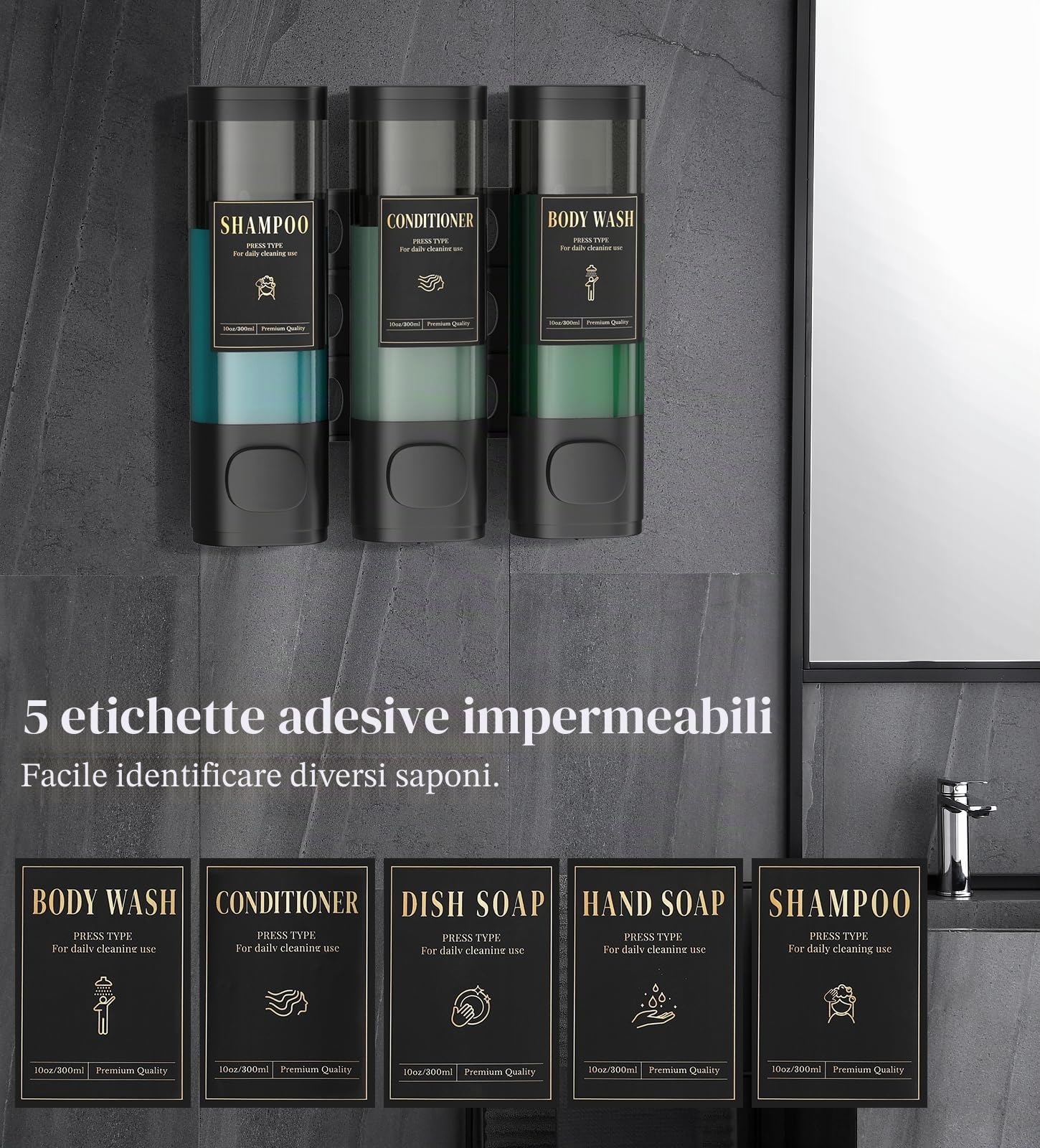 Luxspire Dispenser per Shampoo, Dispenser per Sapone da Doccia 3 Scomparti | Distributore da Parete con Serratura, Grande Capacità 900 ml, Senza Foratura, per Shampoo e Bagnoschiuma, per Bagno, Hotel