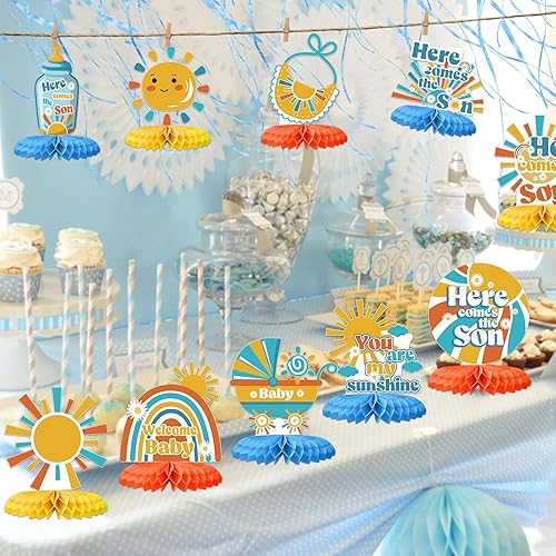 Miniatura 7 de 12 piezas Here Comes The Son - Decoración de nido de abeja, centro de mesa bohemio para baby shower, arco iris, sol, fiesta, decoración de mesa,