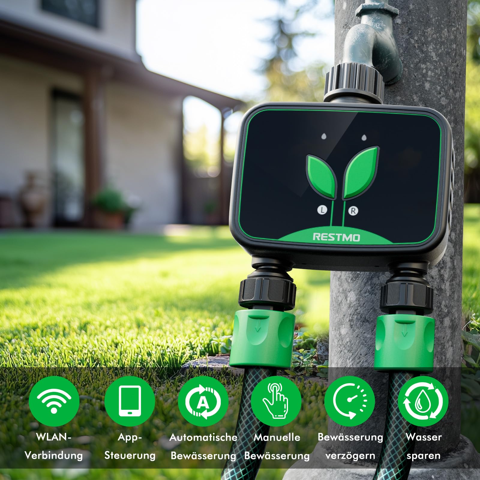 Ordenador de riego WiFi, Temporizador de Agua programable para riego de jardín, 3 Modos de riego, Apto para grifos Exteriores y Sistemas de riego de césped, 2 Zonas | 3 modos de riego, grifo exterior y césped, control de aplicación, 2 zonas