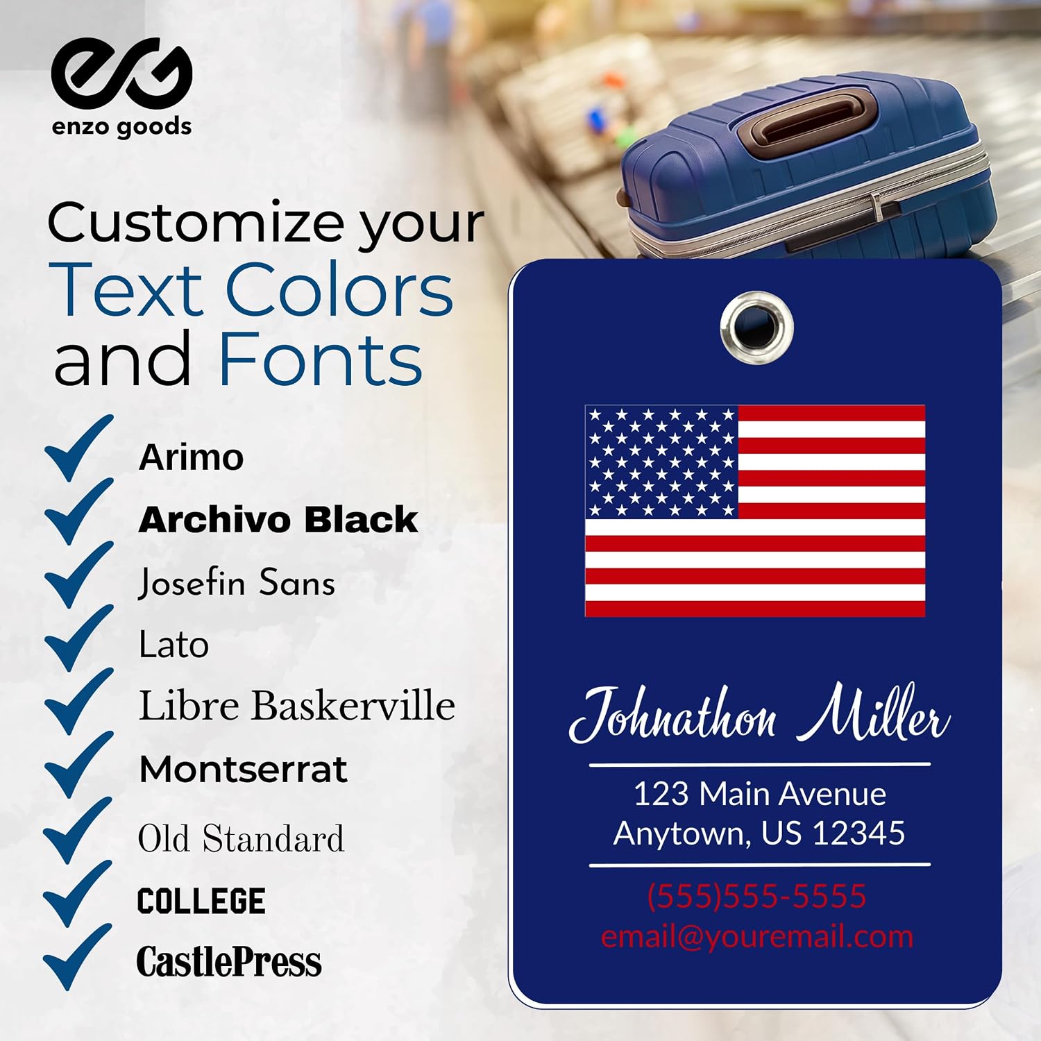 Personalized Luggage Tag with American Flag | 6 Pack | Custom Luggage Tags for Suitcases | Kids Backpack Tag | 4 Color Options & Choose Font, Font Color