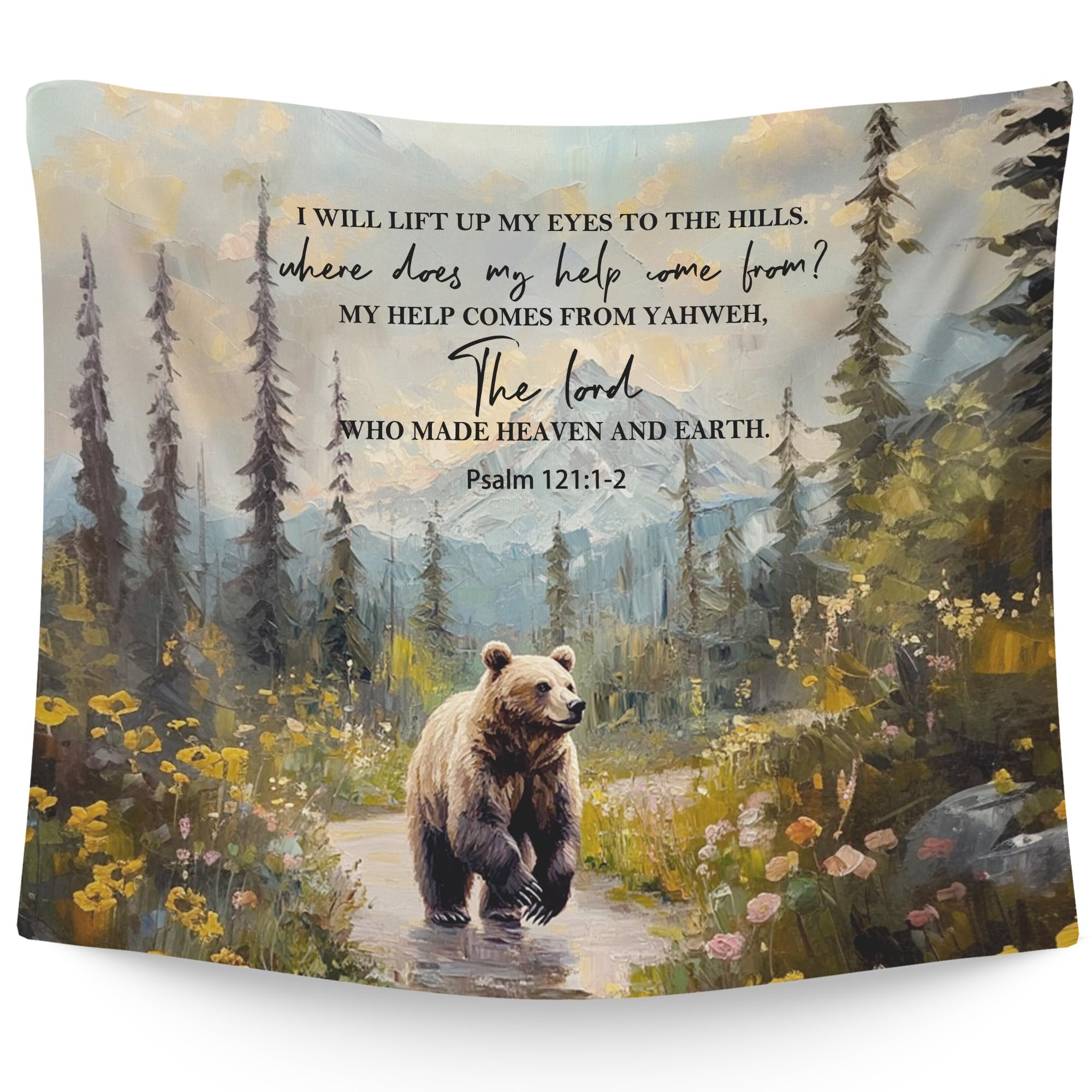 Photo 1 of WAITPI Christian Woodland Mountain Hanging Wall Tapestry for Bedroom, Farmhouse Bear Forest Psalm 121:1-2 Bible Verse Scripture Wall Hanging Decor Tapestry for Home Living Room, 50x60in