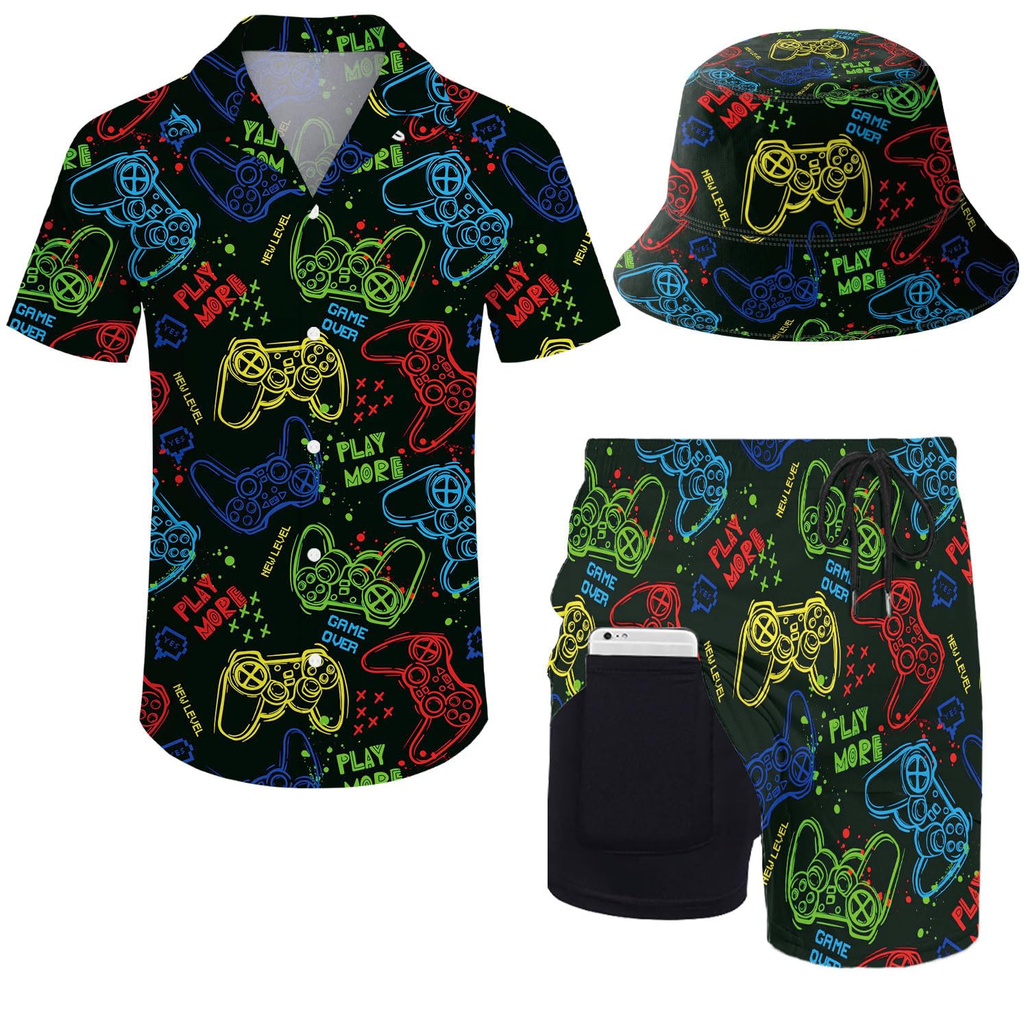ZePinger Men's 80s Shirt and Shorts Set 80s 90s outfit 90s Shirt Suits with Bucket Hats, Neon Game, Medium