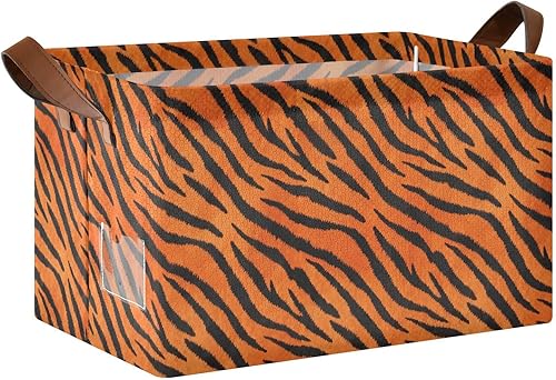 Tigers Fur Pattern Black Orange Storage Organizer Bins and Basket Foldable Storage Cubes with Handles Organizing Clothes Blankets for Makeup Books