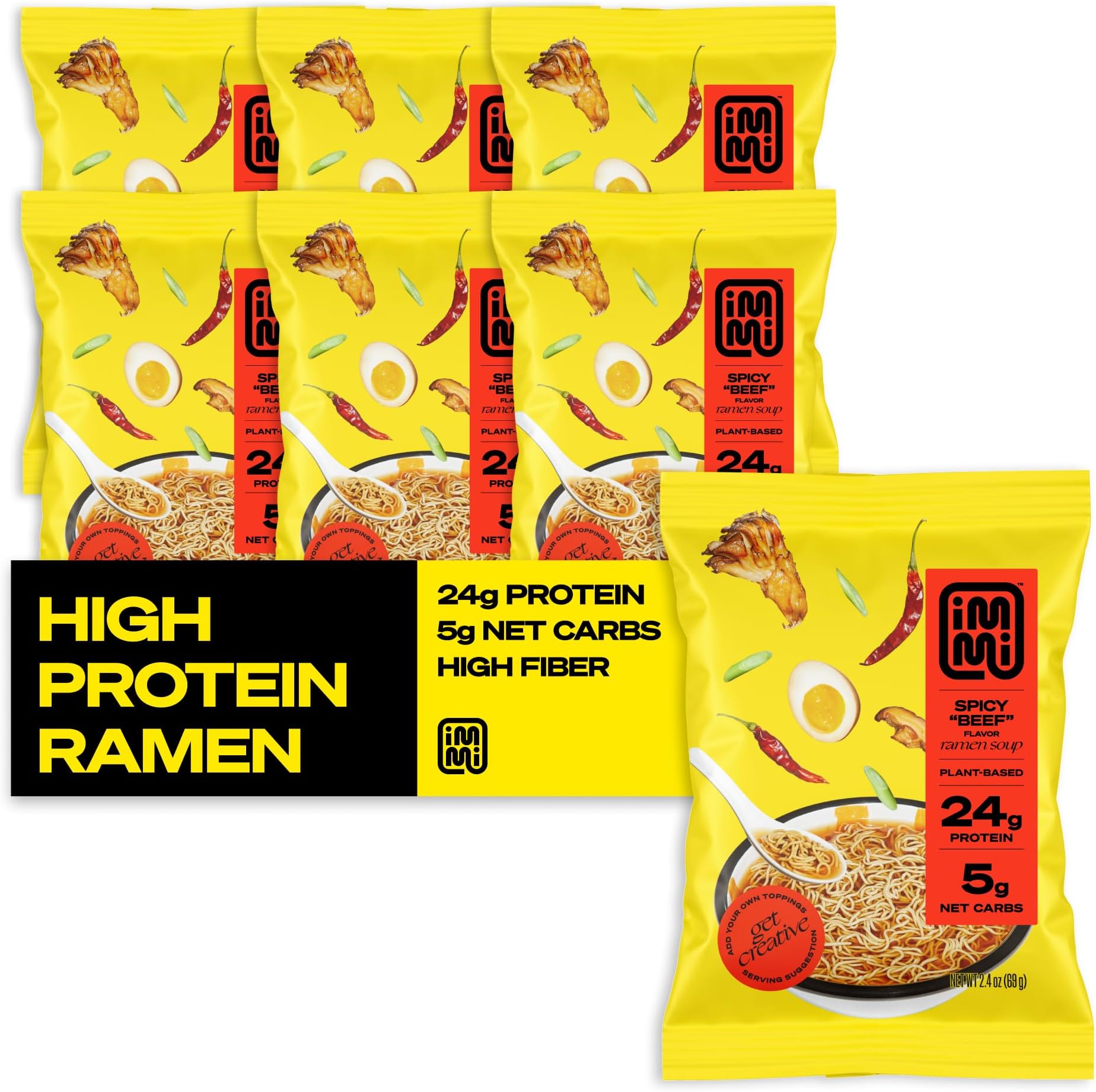 immi Spicy "Beef" Ramen, 100% Plant Based, Keto Friendly, Low Carb, High Protein, Packaged Noodle Meal Kit, Ready to Eat, 6 Pack