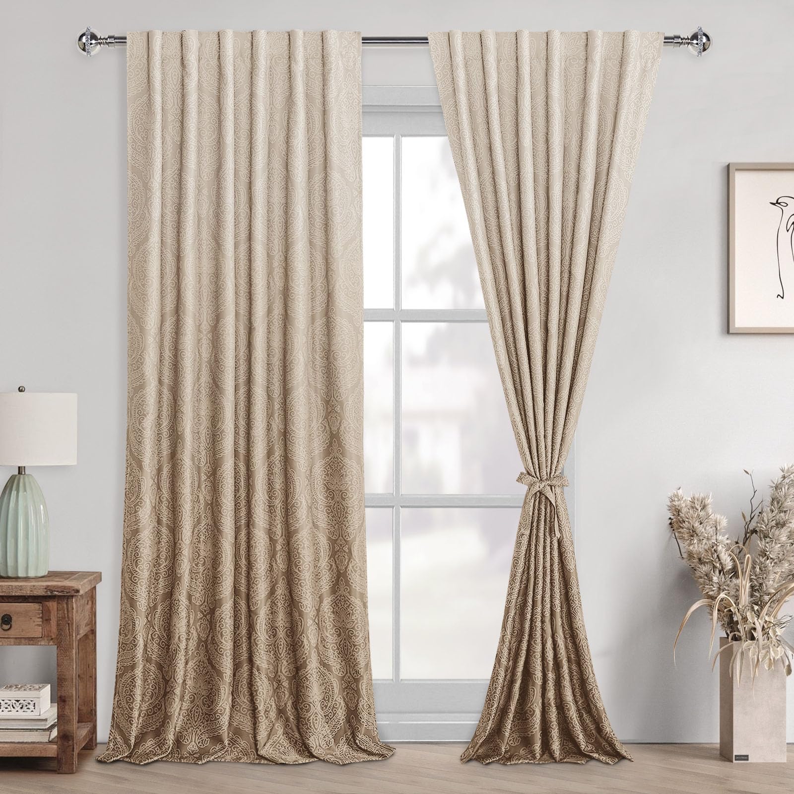 DWCN Ombre Blackout Curtains for Living Room - Extra Long Elegant Back Tab Damask Design Thermal Insulted Tieable Window Drapes Light Blocking