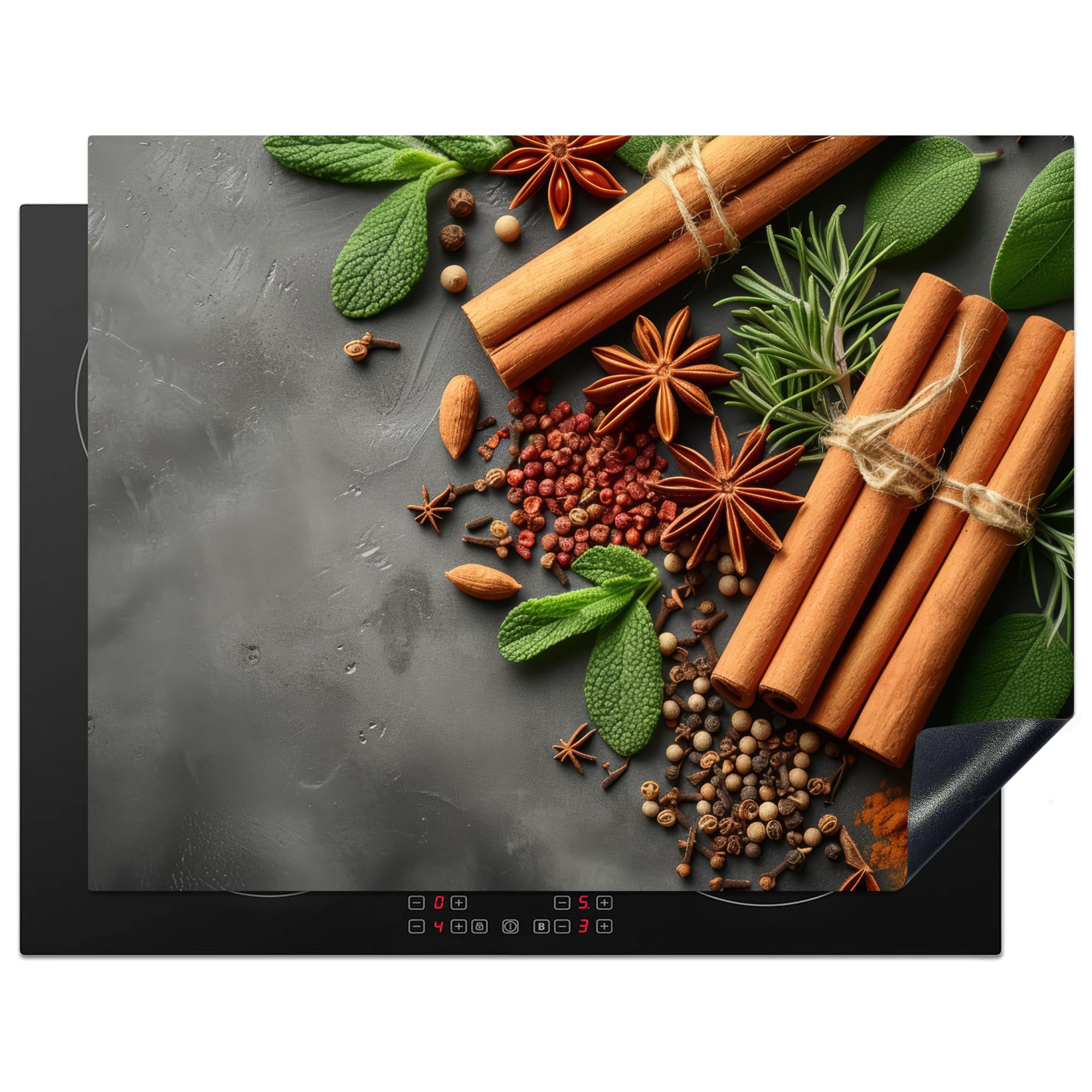 KitchenYeah© Induction Hob Cover Protector Mat 23.2"x30.3" / 77x59 cm Kitchen Universal Ceramic Covers for Electric Cookers Vinyl Cinnamon - Spices - Concrete - Leaves - Cuisine