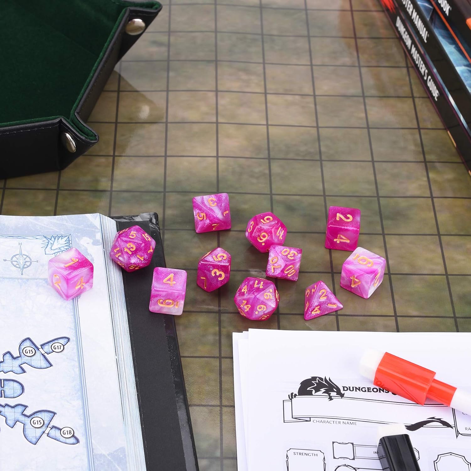 Set of 11 RPG Dice Set with Drawstring Bag for Dungeons and Dragons 5e DND Tabletop Games (Fuchsia Rose Glitter)