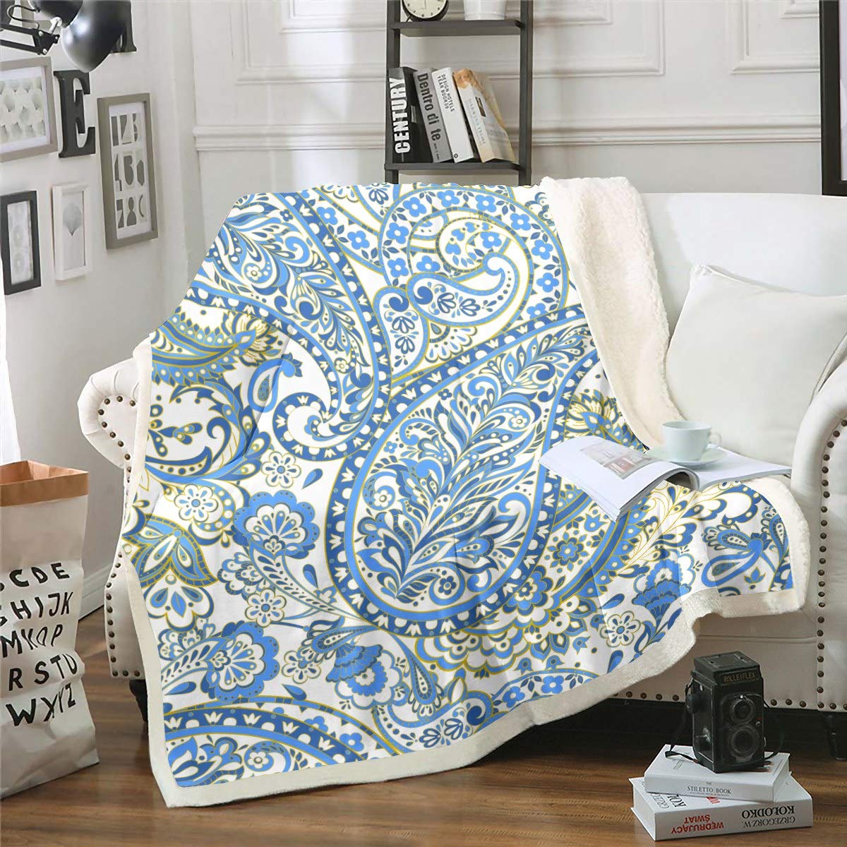 Loussiesd Colour39 Botanical Floral Printed Sherpa Blanket Flowers Pattern Blanket For Couch Travel Sofa Exotic Style Fleece Blanket Retro Design Room Decor Plush King 79"X90"
