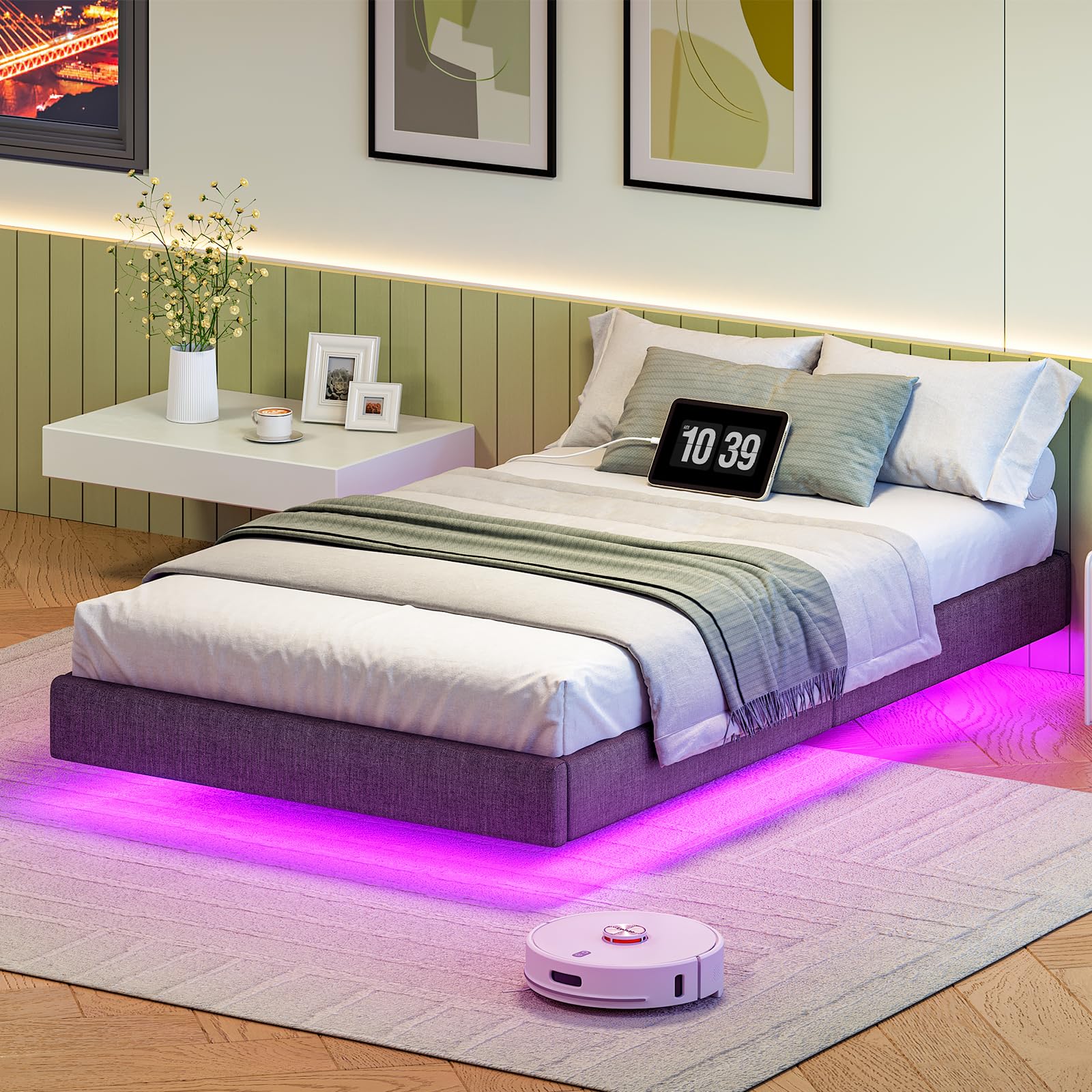 HOOBRO Gepolstertes Bettgestell, Polsterbett, Schwebebett mit Ladestation und Einstellbarer LED-Beleuchtung, 1 USB-Anschluss und 1 Typ-C, Dunkelgrau