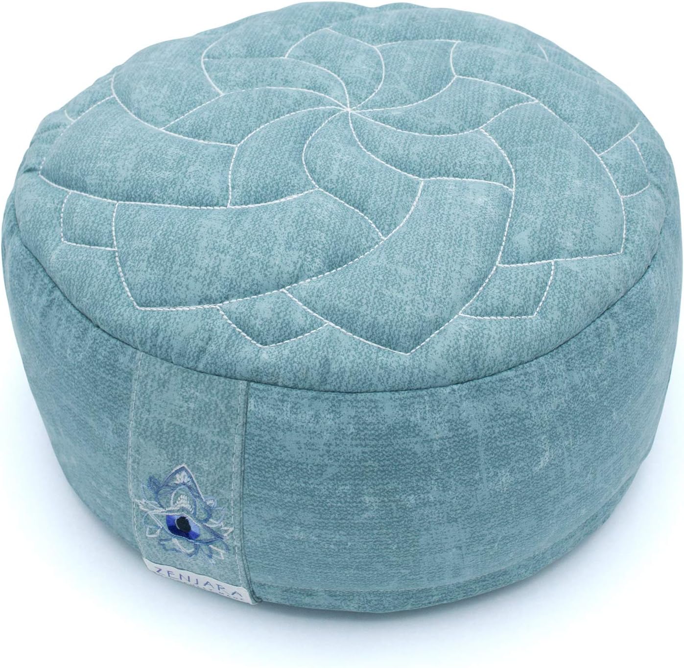 Zenjara Zafu Yoga Meditation Cushion - 15" x 5" Sea-Foam Green | Overstuffed USA Buckwheat Hull Filling | Washable, Removable Double-Layer Cotton Pillow Cover w/Quilted Mandala | Stylish Carrying Bag
