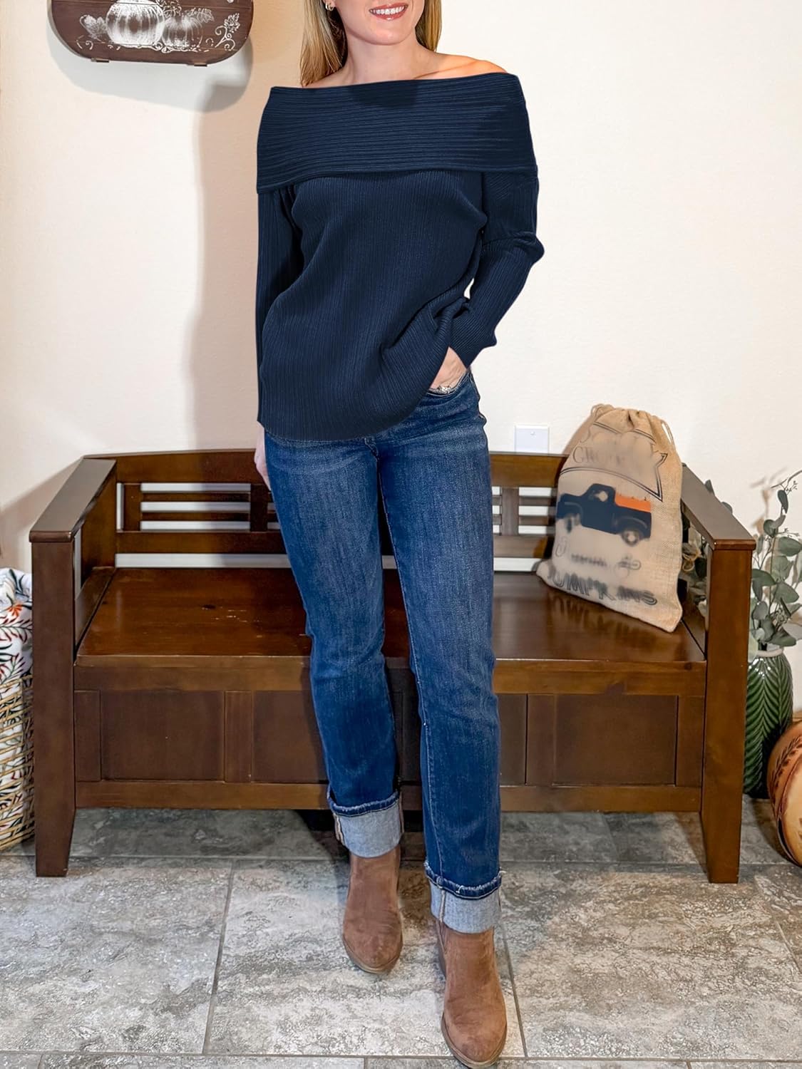 Womens Off The Shoulder Sweater Top Long Sleeve Fall Batwing Boat Neck Knit Sexy Casual Pullover - Image 3