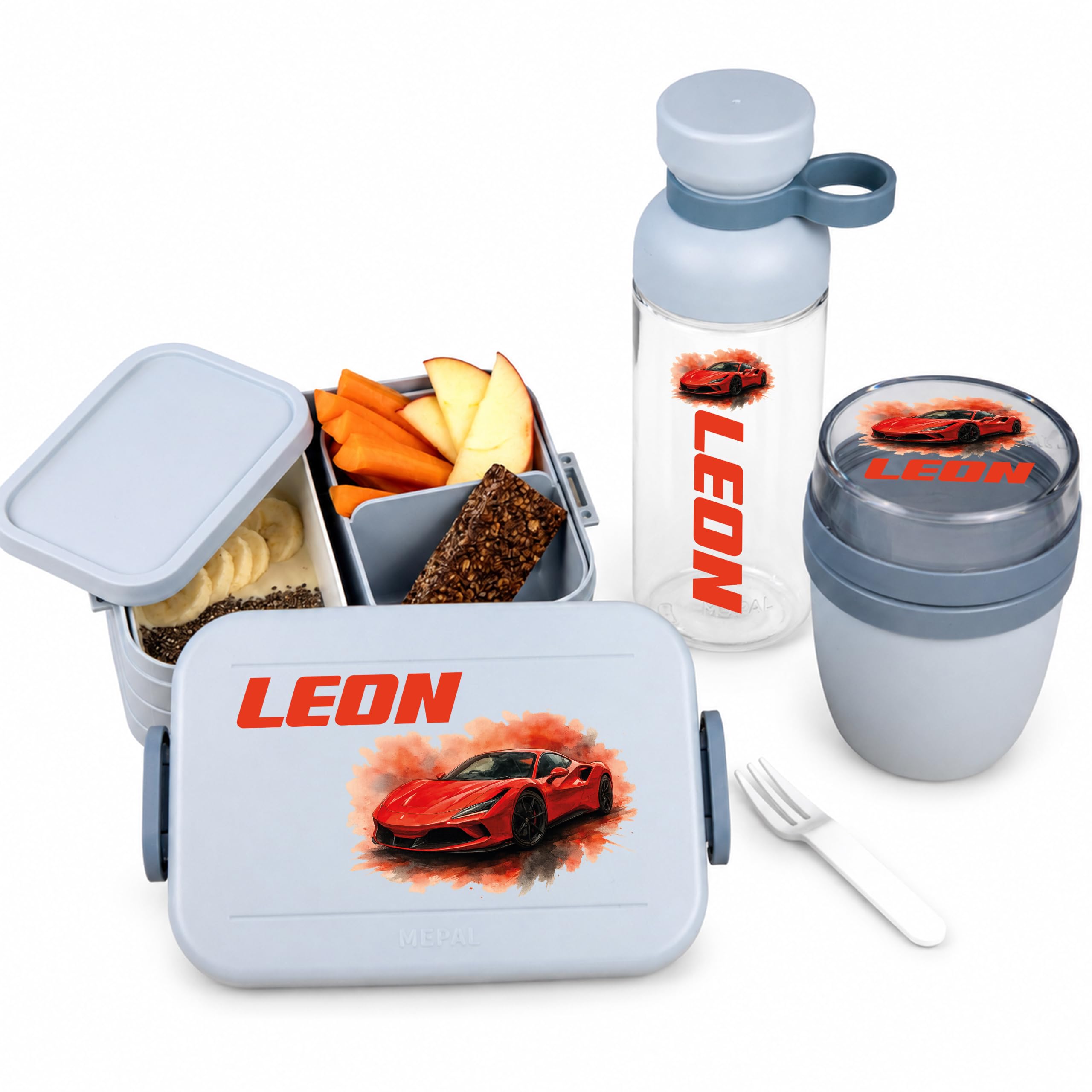 Mepal Personalisierte Brotdose Trinkflasche | Rennwagen Sportwagen Auto | Geschenk Einschulung Mädchen Junge Kitastart Schule Schulanfang Lunchbox Flasche Bento Box Vesperdose Kindergarten Schulkind