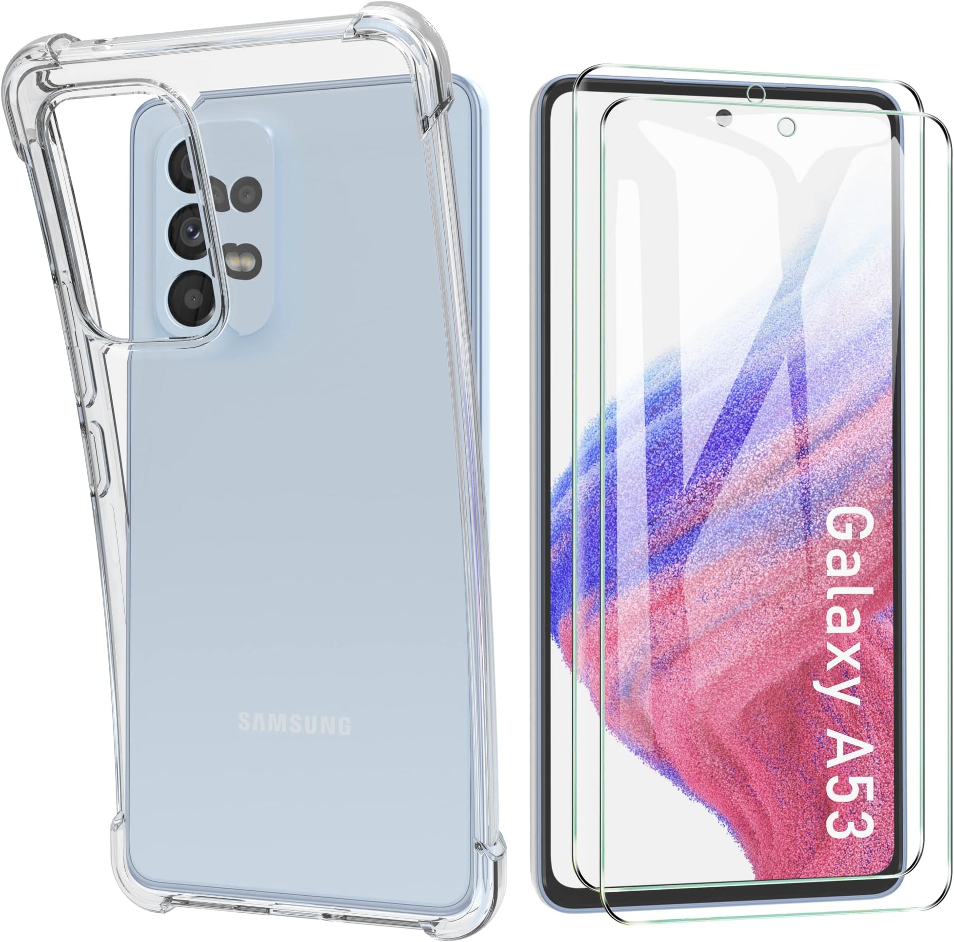 HTDELECCase for Samsung Galaxy A53 + [Pack of 2] Screen Protector, Transparent Soft Transparent Thin Mobile Phone Case with TPU Shock Absorption Bumper Case Cover for Samsung Galaxy A53 - Shockproof