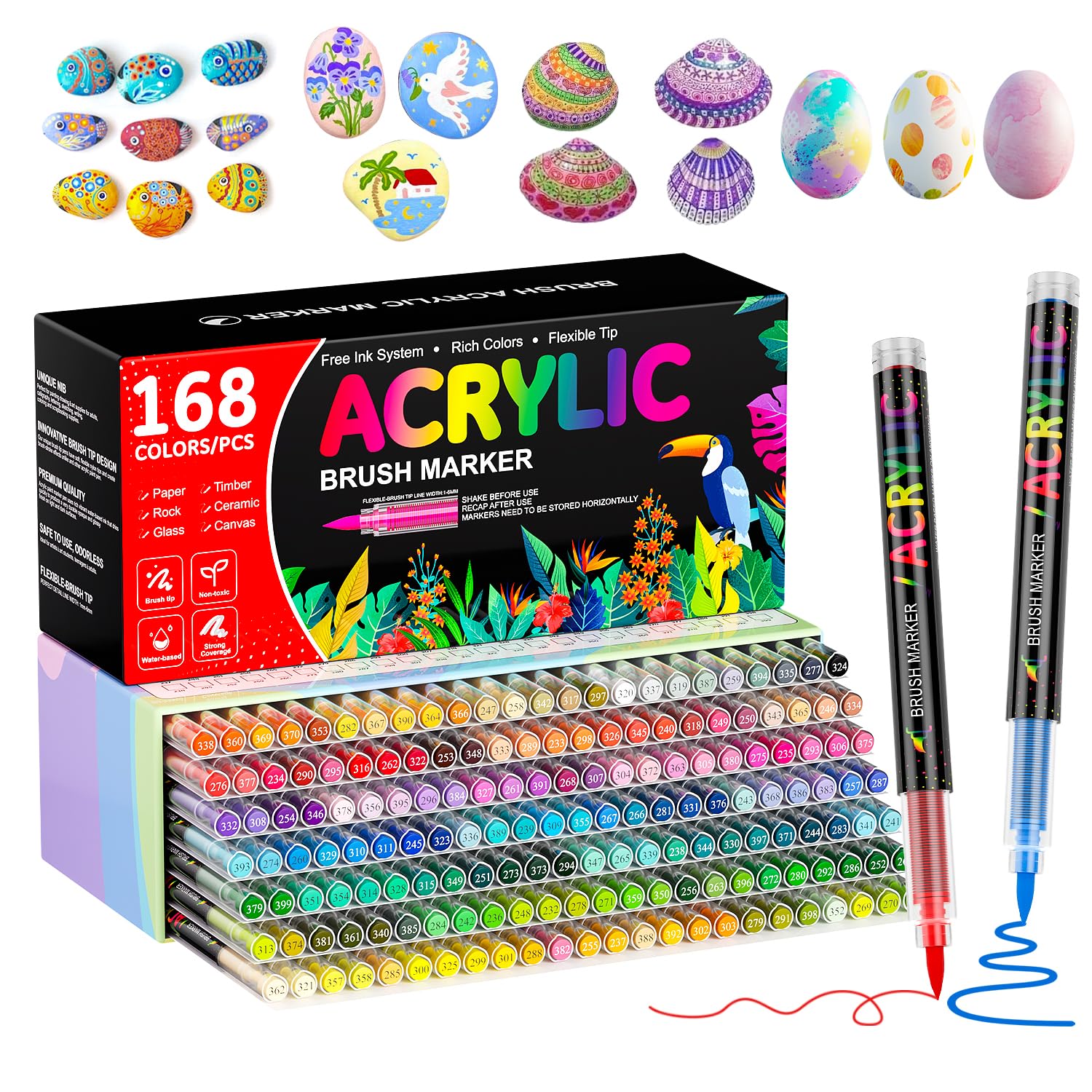 Patamiyar 168 Colores Rotuladores Acrílicos, Marcadores Rotuladores Acrílicos, Acrylic Markers Pintura a Base de Agua con Punta de Pincel de 1-5 mm para Rupestre, Vidrio, Cerámica, Lienzo,Papel,Madera