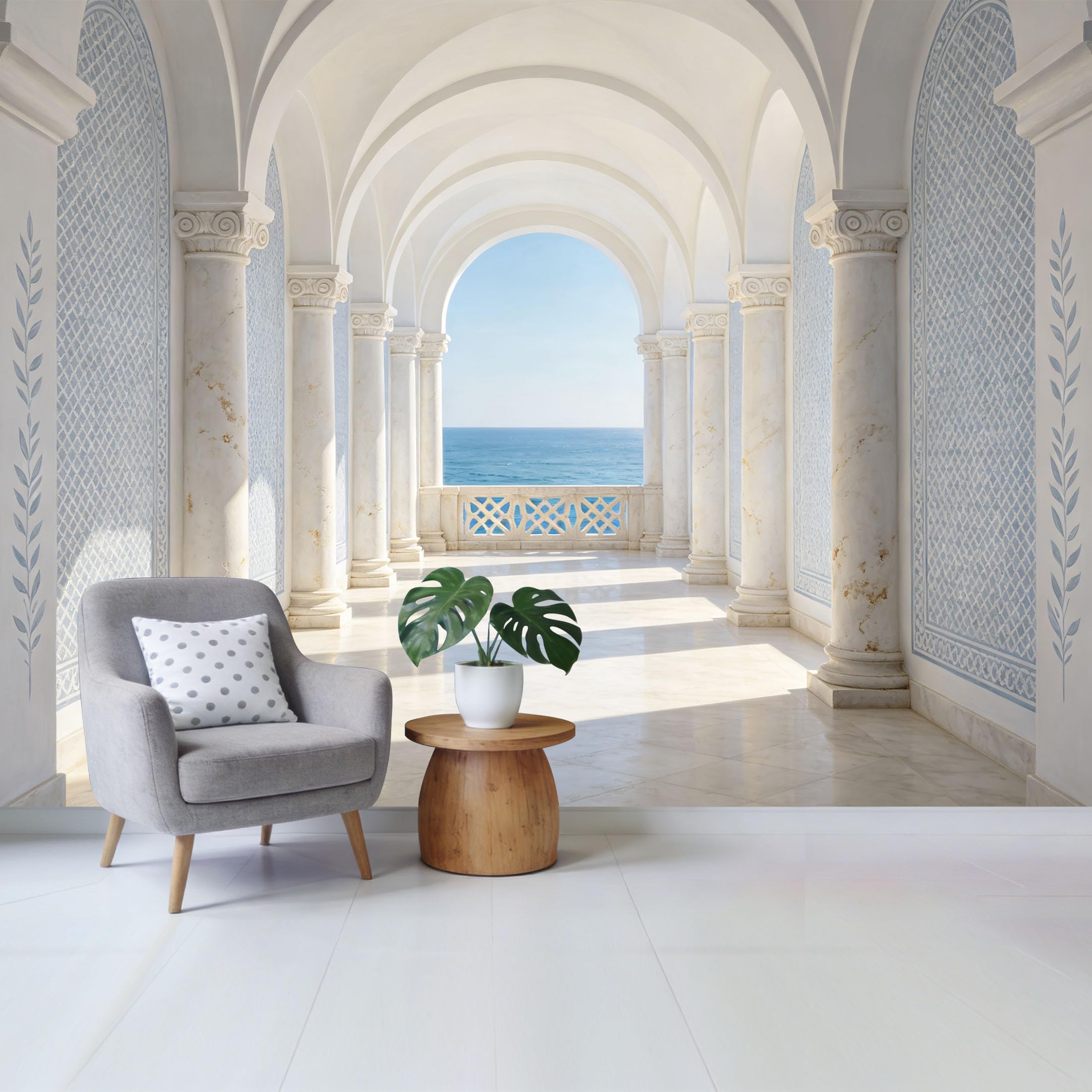 Removable Self Adhesive Fabric Mural， Neoclassical Ocean View Archway Custom Size Wall Covering， UV Protected Waterproof Washable Wall Decor for Living Room Bedroom Bathroom
