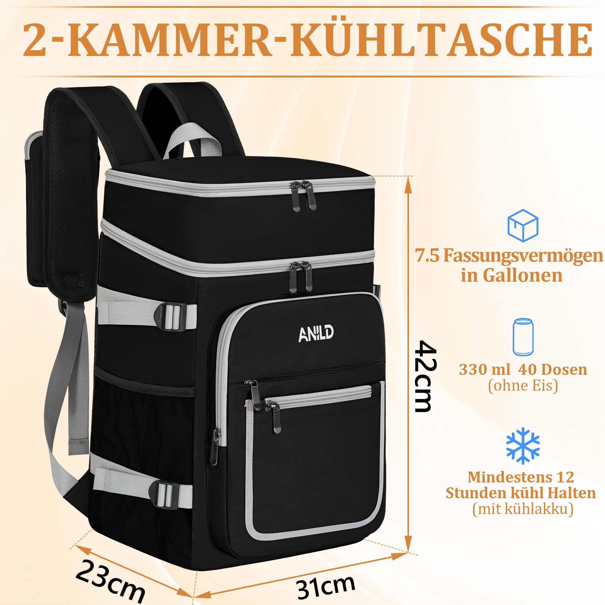 40 Dosen Isolierter Kühlrucksack 30L, Thermo Rucksack Groß, Auslaufsichere wasserdichte Picknickrucksack Kühltasche, Picknicktasche Lunchtasche für Camping, Picknick, Grill und Wandern