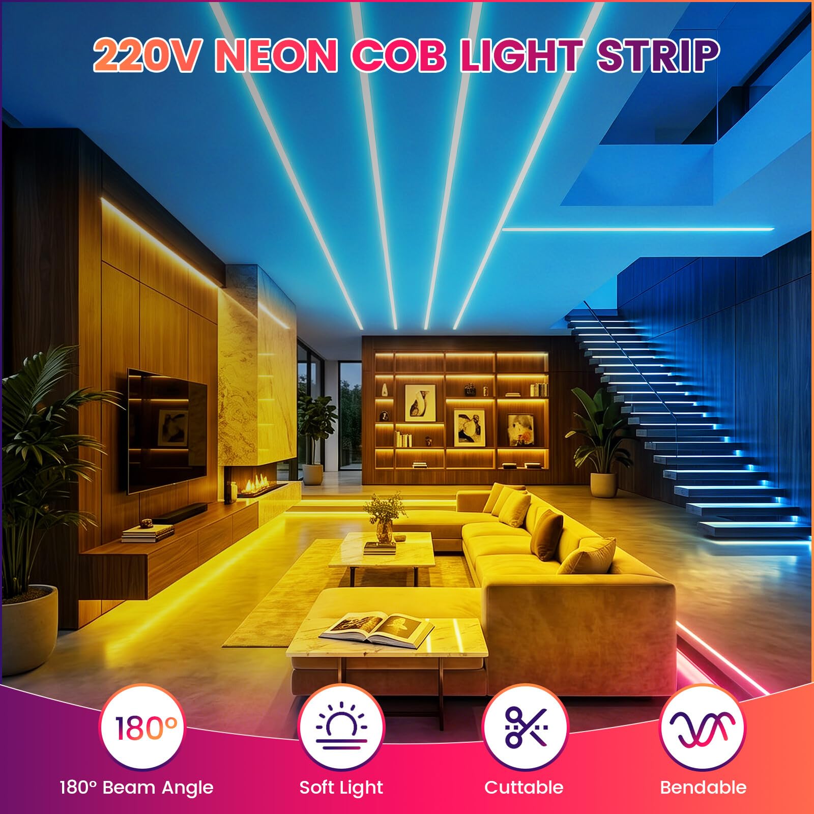 Neon LED Streifen, 240LEDs/m Superhellea Flexibel Selbstklebend COB LED Band, Schnitt alle 10cm，Hochzeit DIWeihnachten DIY LED Lichtband mit Netzteil für Wohnzimmer Küche Deko(Eisblau，35m)