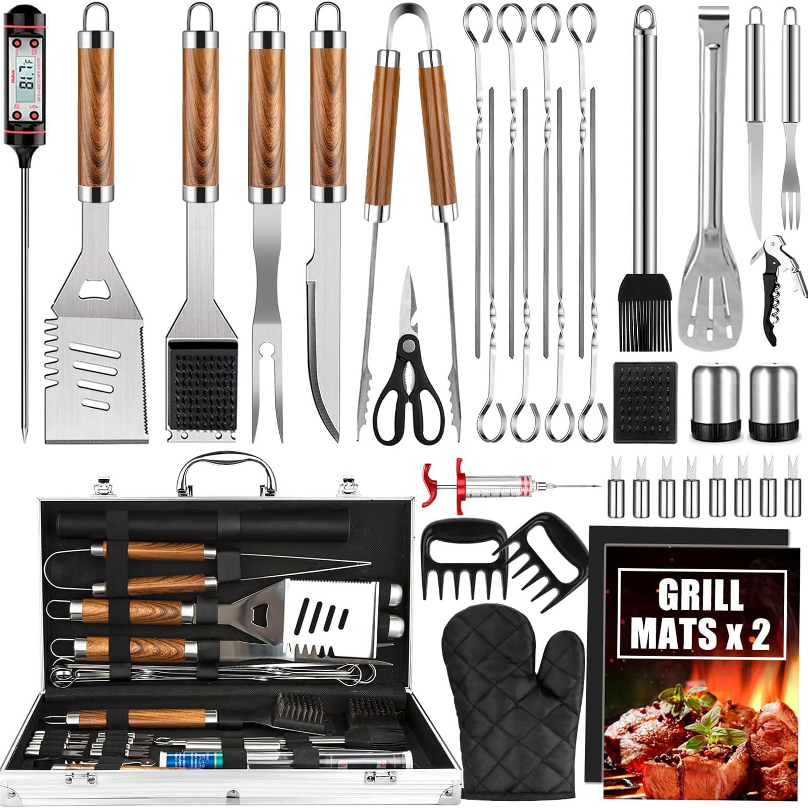 Edelstahl Rostfrei Grillwerkzeug Set INKL Grillwender,Grillgabel Grill-Zubehör Grill Zubehör mit BBQ Grillbesteck Koffer Professionelle Langlebige für Garten und Camping Gasgrill BBQ