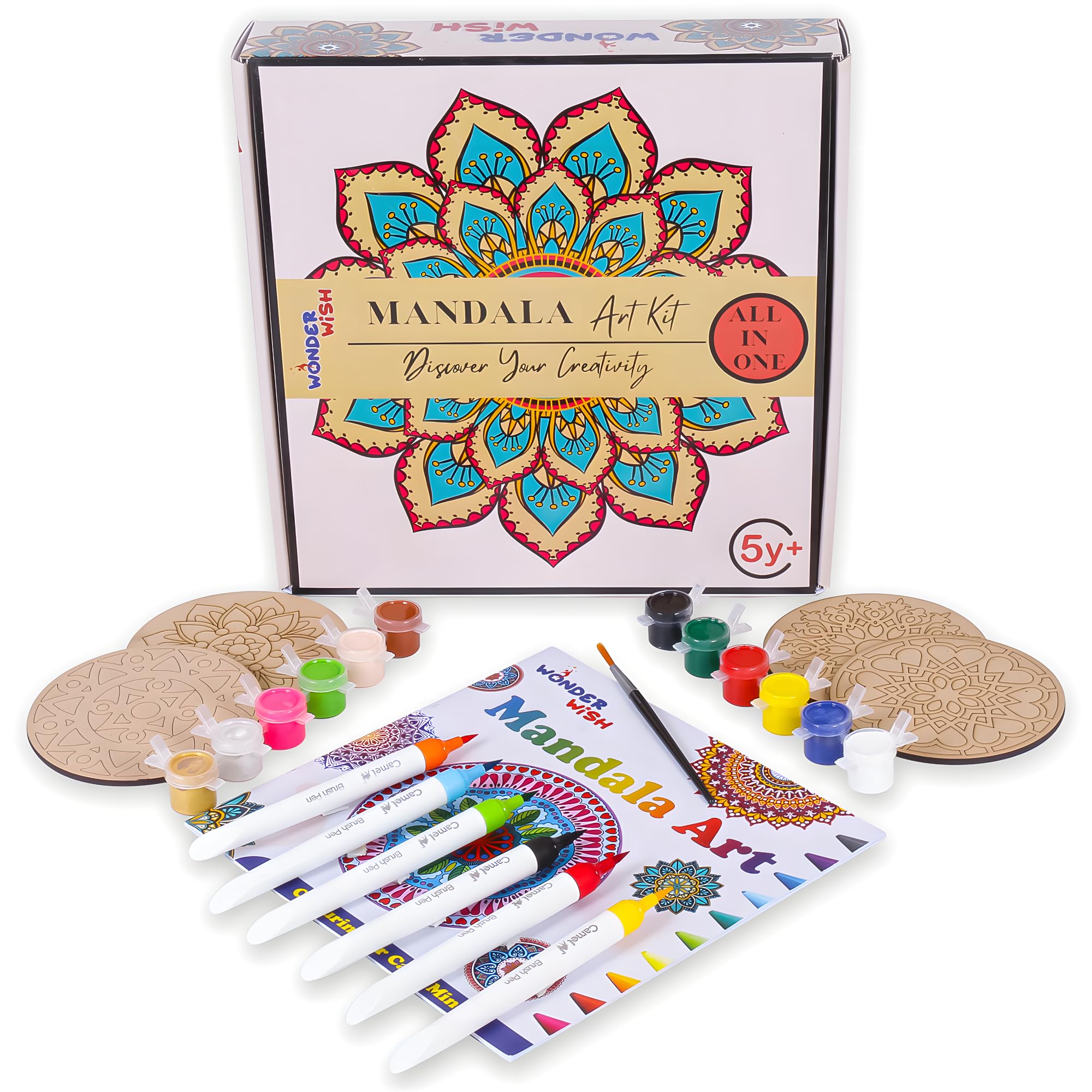 Wonder Wish Mandala Art Coasters Craft Kit, Colours, Painting Brush Gift for Girls Age 8-12. Includes Mandala Art Book & DIY Kit