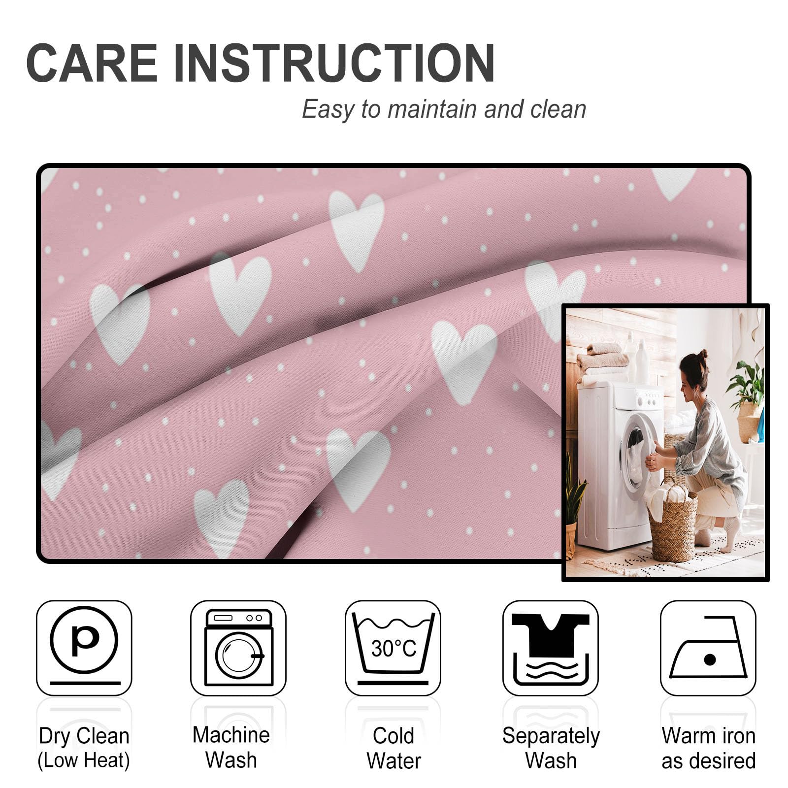 Rideau Occultant Thermiques Anti Froid Cœur De Dessin Animé Imprimé 117Lx183H Cm Rideaux Opaques pour Salon Chambre, Jolis Pois Design avec Oeillet Poudre Blush Lot De 2 De Cuisine